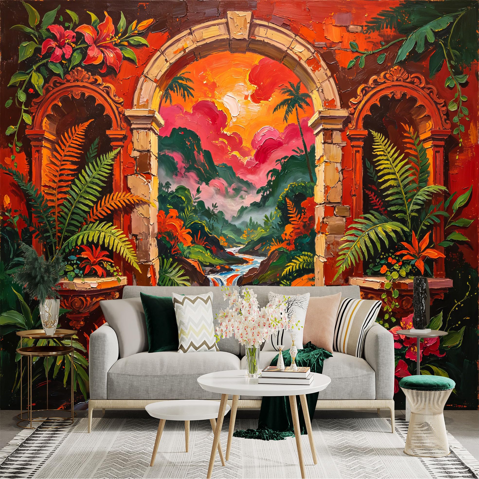 Custom Size Wall Sticker Mural， Tropical Sunset Landscape with River and Archway Garden， for wall Decoration， peelandstick wall Decals.
