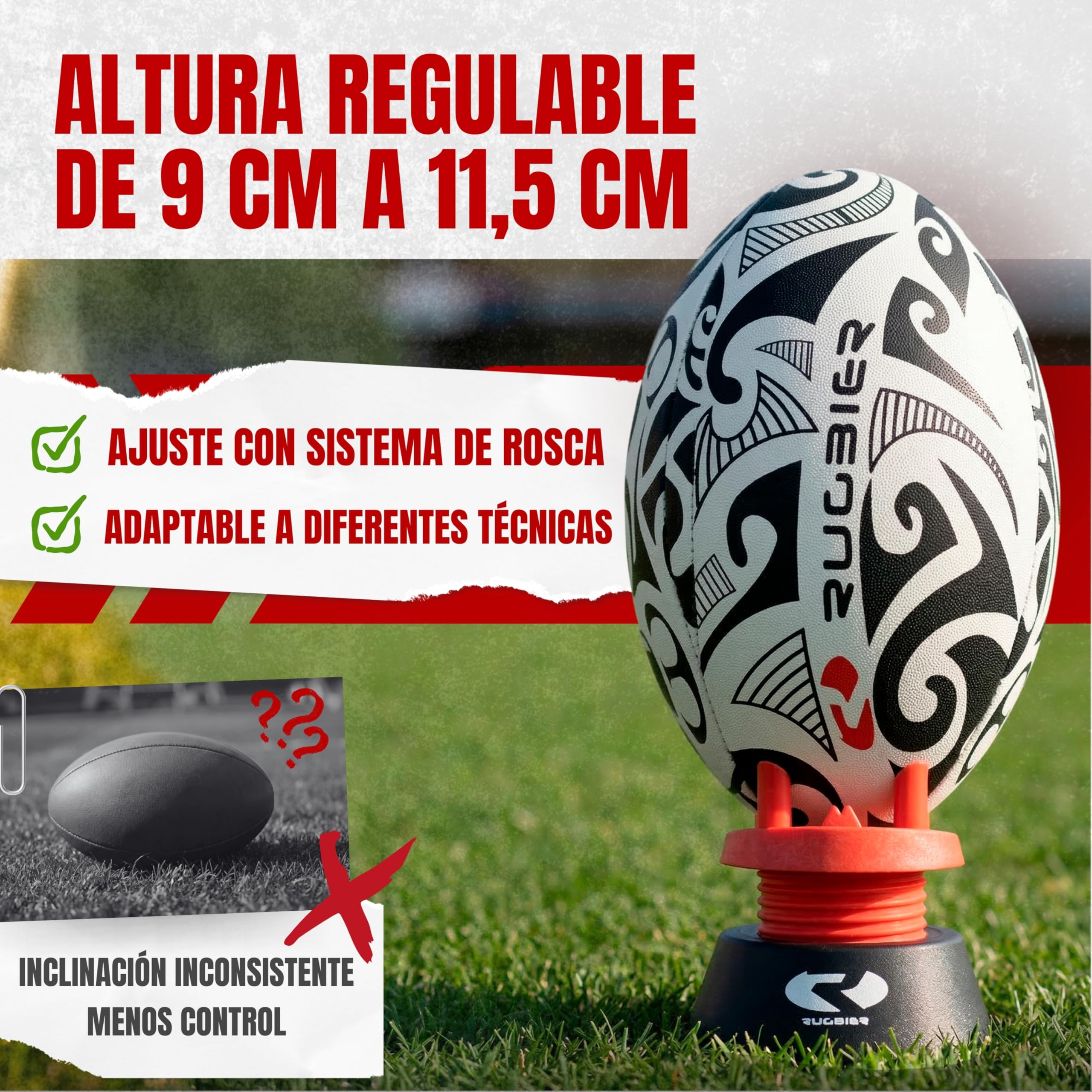tee de Rugby Ajustable Profesional – Kicking tee Altura Regulable Patadas y Conversiones – Soporte Balón Rugby Alta Estabilidad – Accesorio Rugby Entrenamiento y Competición – Rojo/Negro