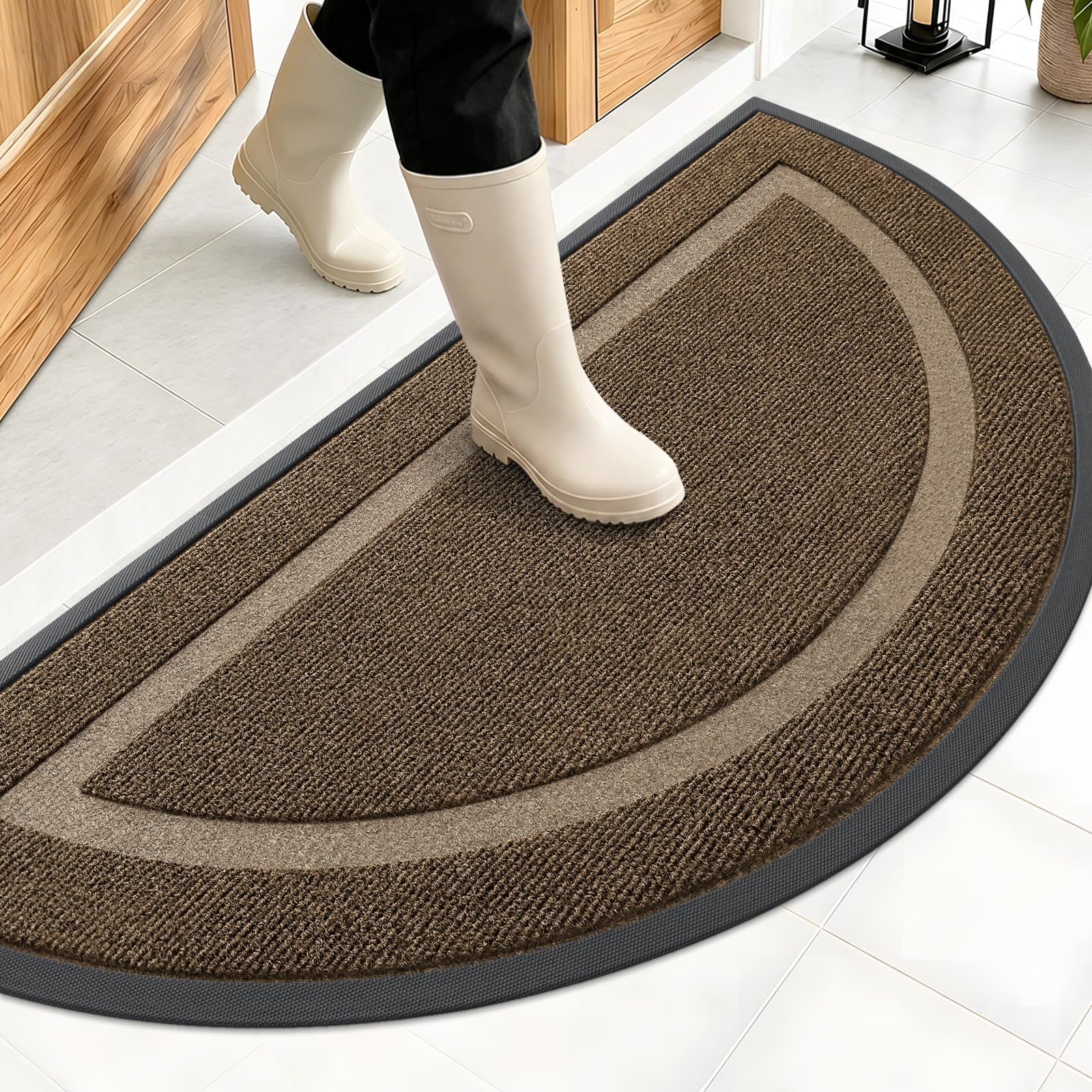 OLANLY Half Circle Front Door Mat Outside 47x23 All-Season Rubber Doormat | Brown, Absorbent, Heavy-Duty, Stain and Fade Resistant, Waterproof Non-Slip Backing, Low-Profile Indoor Outdoor Entryway Mat