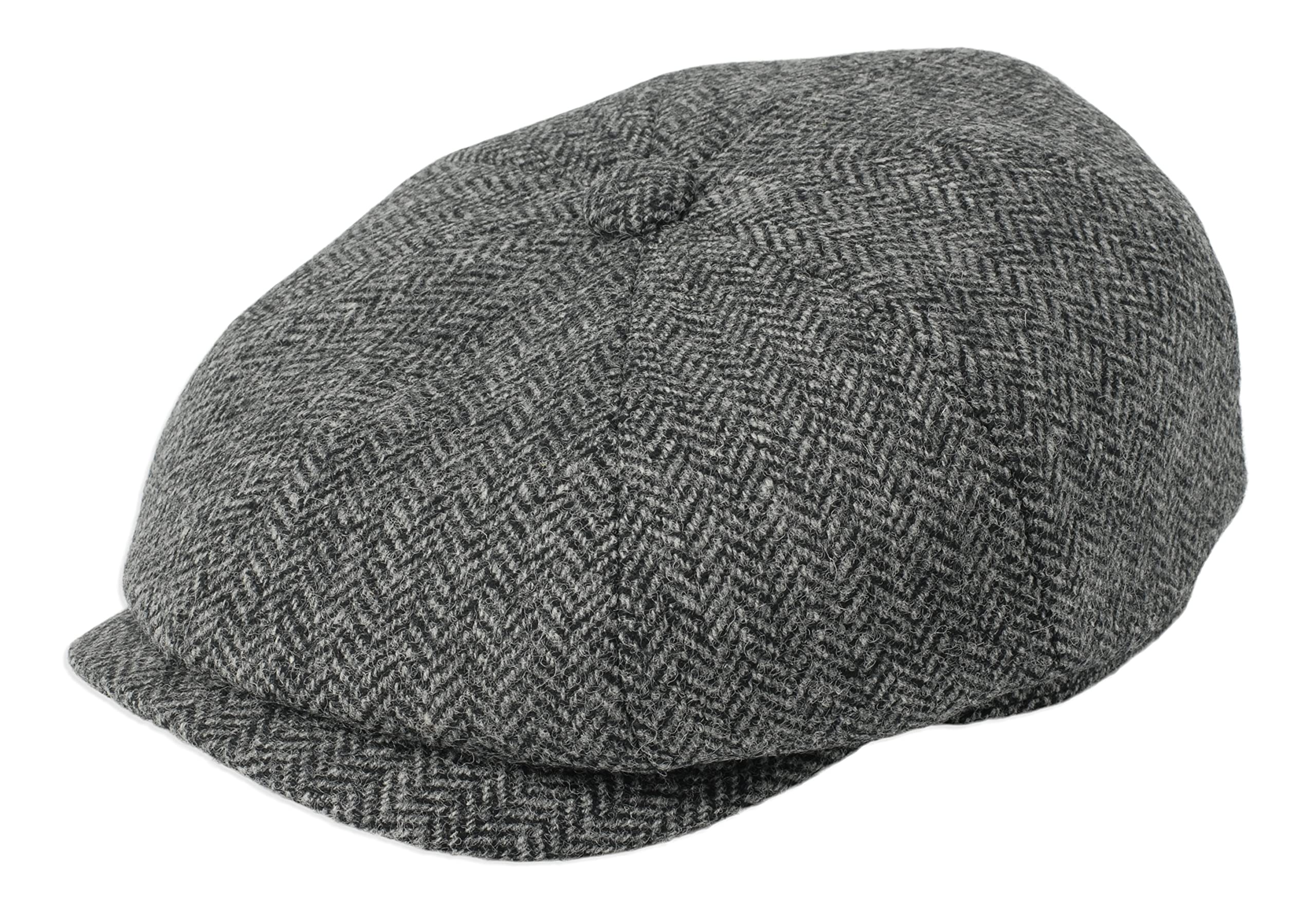 Gamble & Gunn 'Ramsden' Flat Cap Grey Herringbone Shetland Tweed 8 Panel Button Top Cap (57cm)