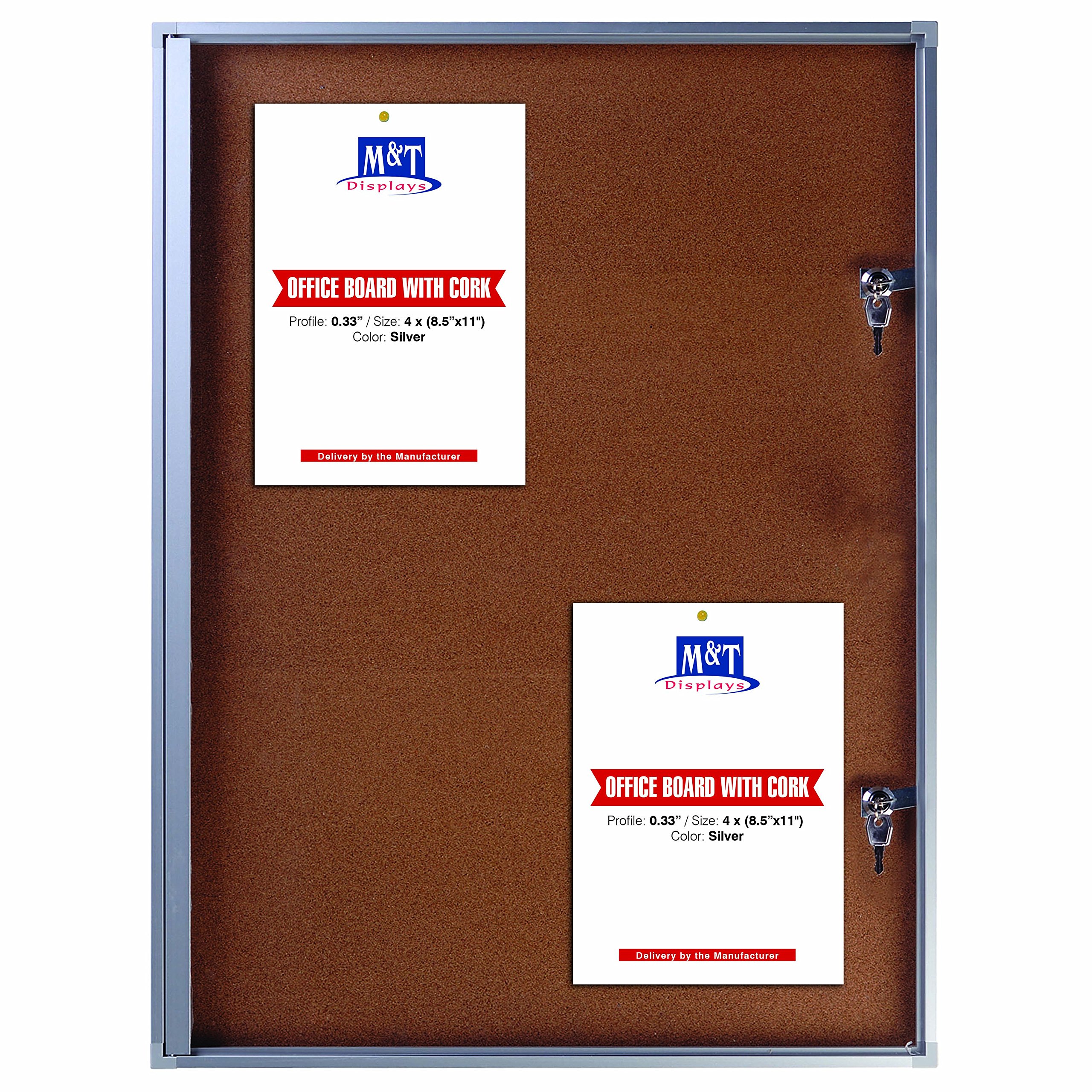 M&T Displays Enclosed Cork Bulletin Board 18.66x25.87 Inches Silver Aluminum 4X(8.5x11) Outdoor Noticeboard for Office School Classroom Hospital