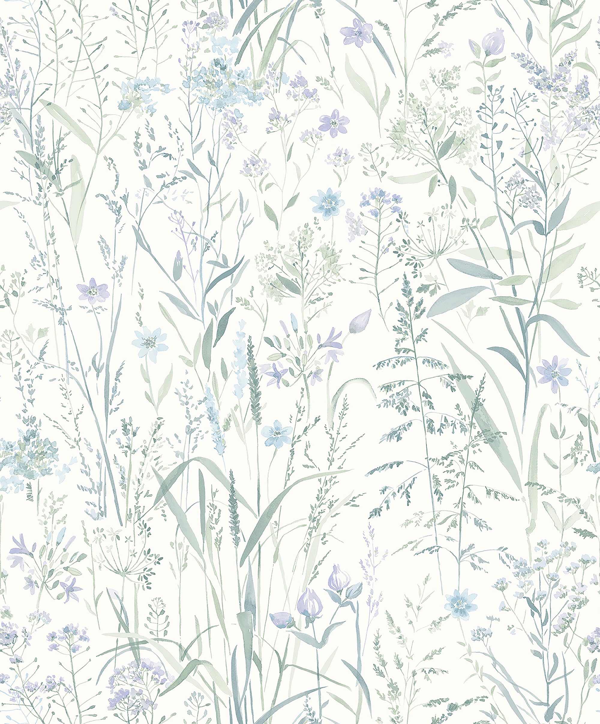 Grandeco Wallpaper - Lilac Blue Green White Free Flower Sprigs Grass - 198829