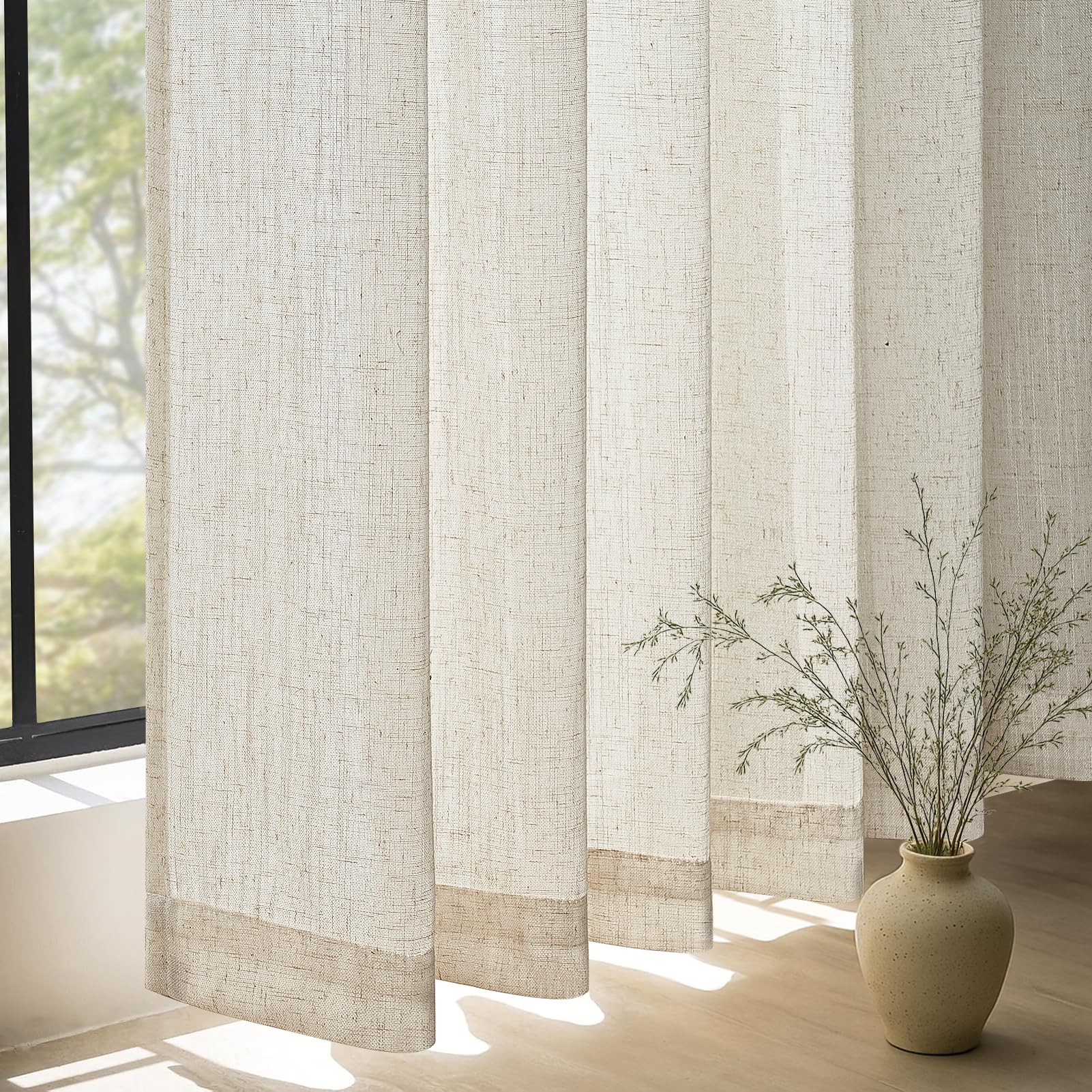 Topfinel Leinen Gardinen Vorhänge mit Kräuselband Voile Vorhang Halbtransparent Vorhänge Schlafzimmer Gardinen Wohnzimmer Modern Scheibengardinen 2 Stücke Ösenschal Boho