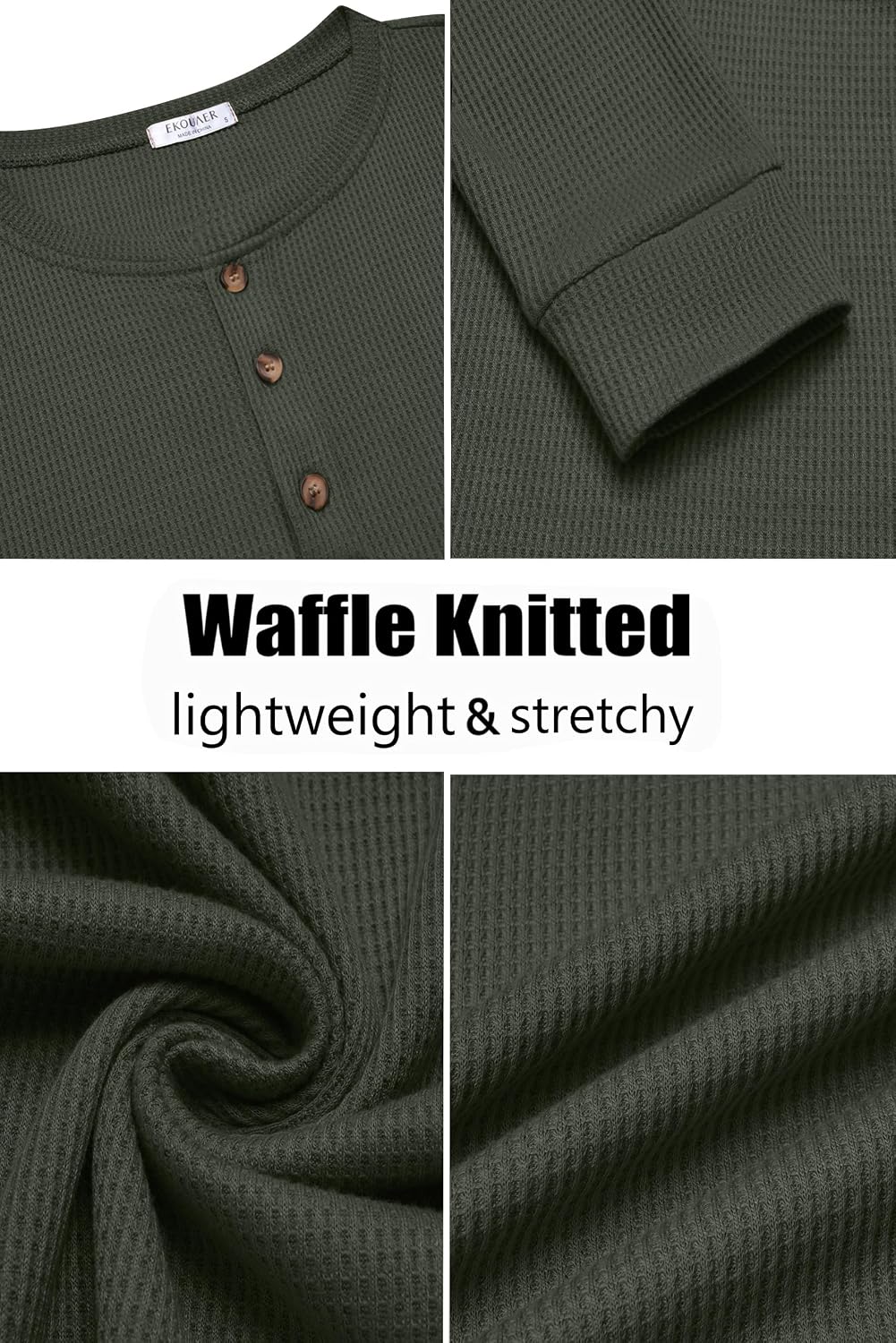Ekouaer Mens Henley Long Sleeve Shirts Waffle T-Shirt Lightweight Thermal Undershirts S-XXL