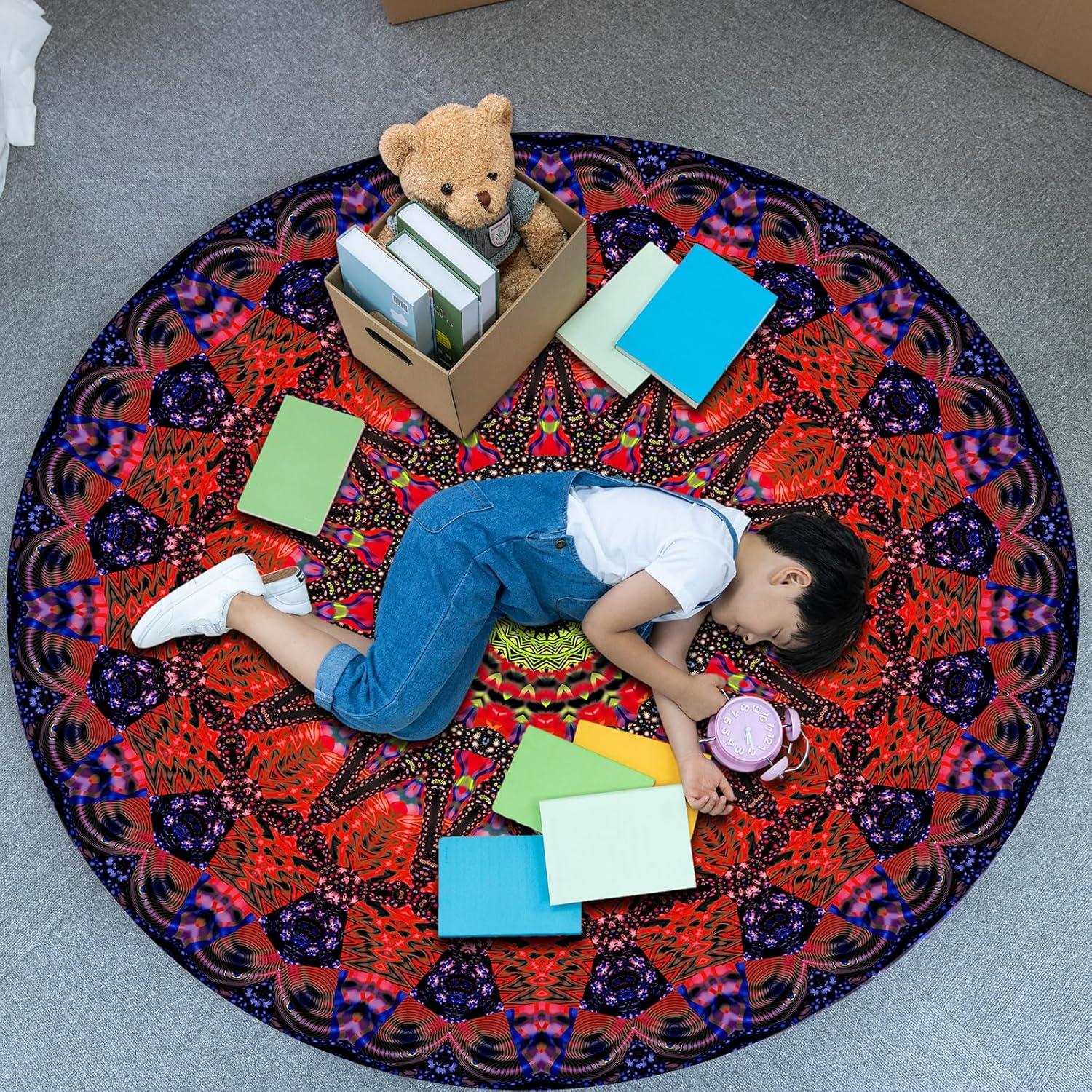 Round Mandala Area Rug Black Light,Large UV Reactive Glow in The Dark Boho Non-Slip Fluorescent Rug for Bedroom Living Room 63"×63"×0.39"