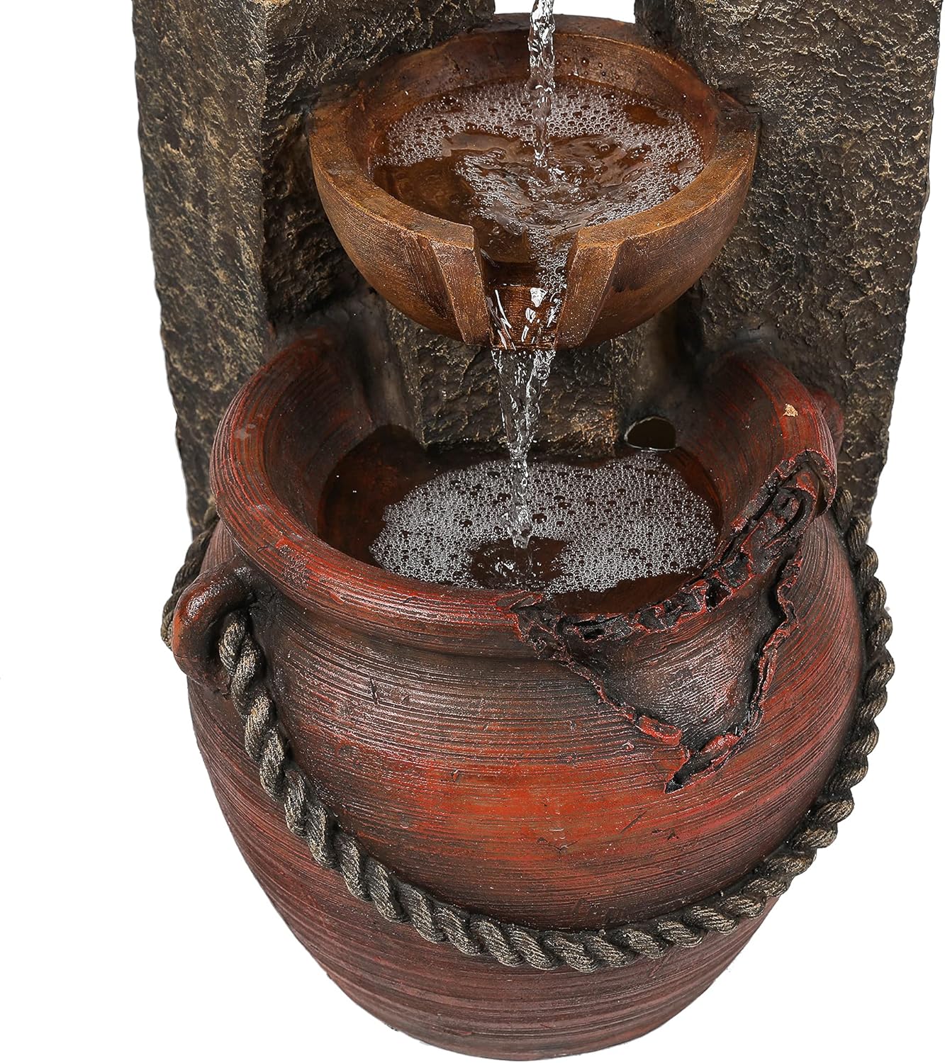 LuxenHome 4 Tired Resin Pots and Posts Outdoor Fountain, Floor Stacked Waterfall Fountain Decoration for Garden Backyard Patio Courtyard 32 Inch Tall, Brown : Patio, Lawn & Garden