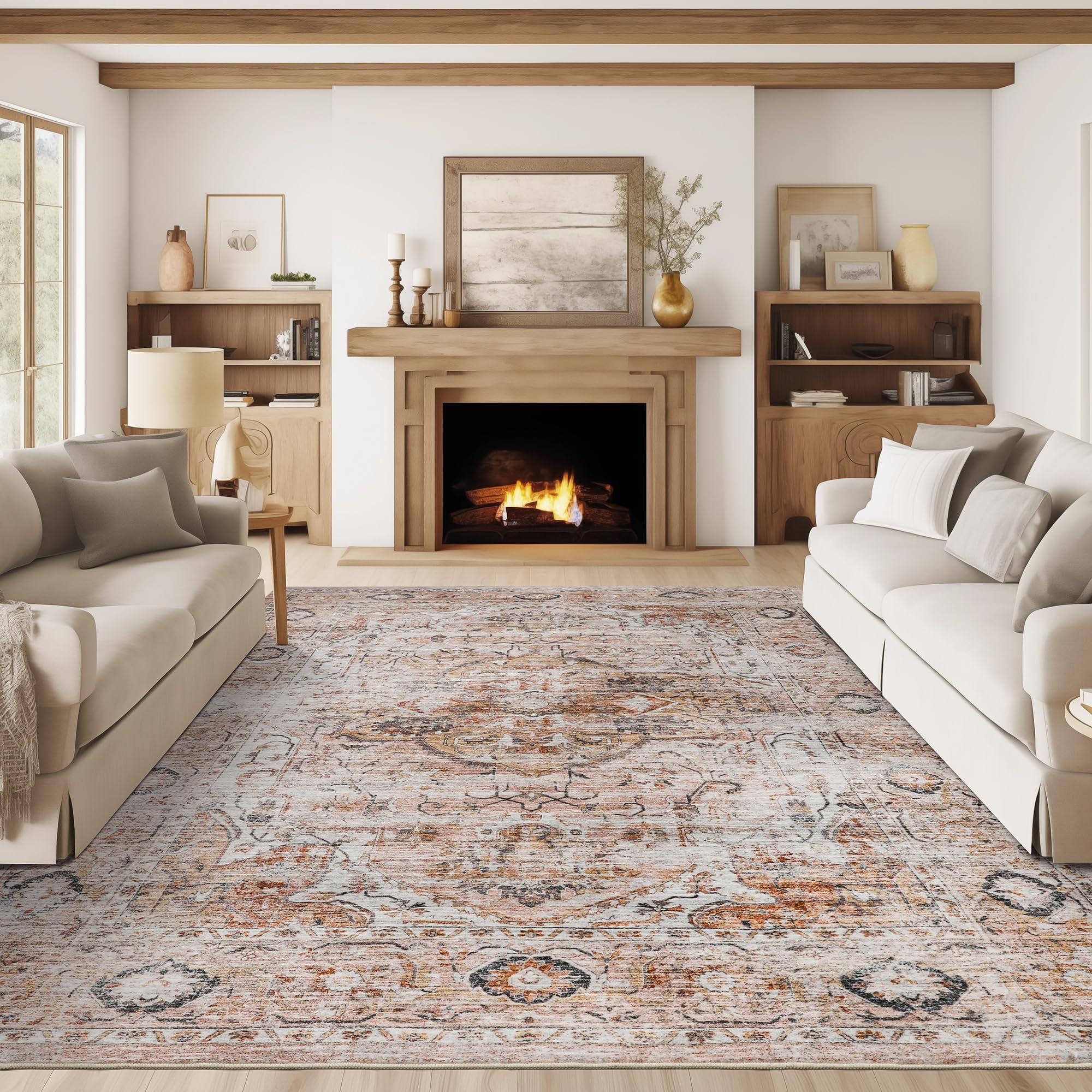 Washable Rug 8x10 Area Rugs for Living Room - Stain Resistant Non-Slip Backing Rugs for Bedroom,Ultra-Thin Vintage Large Area Rug (Peach/Gold, 8'x10')
