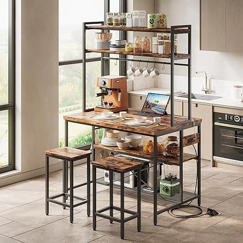 IRONCK Isla de cocina con taburetes, estante para panadería con almacenamiento y toma de corriente, mesa de café industrial para cocina, comedor,