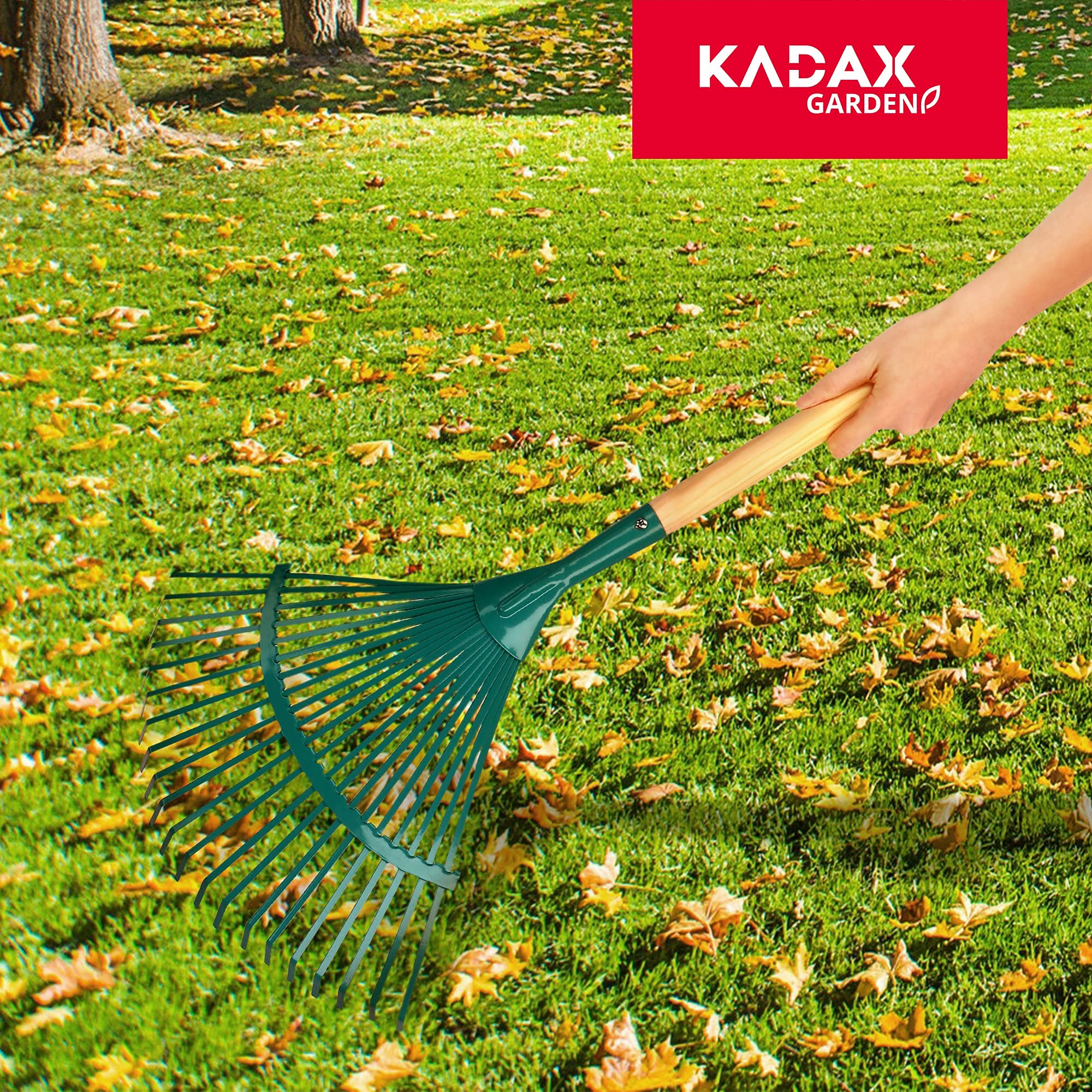 Kadax - Rastrillo de Madera con Mango Largo para jardín, rastrillo de jardín, cómodo rastrillo de jardín, césped, Escoba de Hojas, Herramienta de jardín, Herramienta de jardín, (Cinta de Acero)