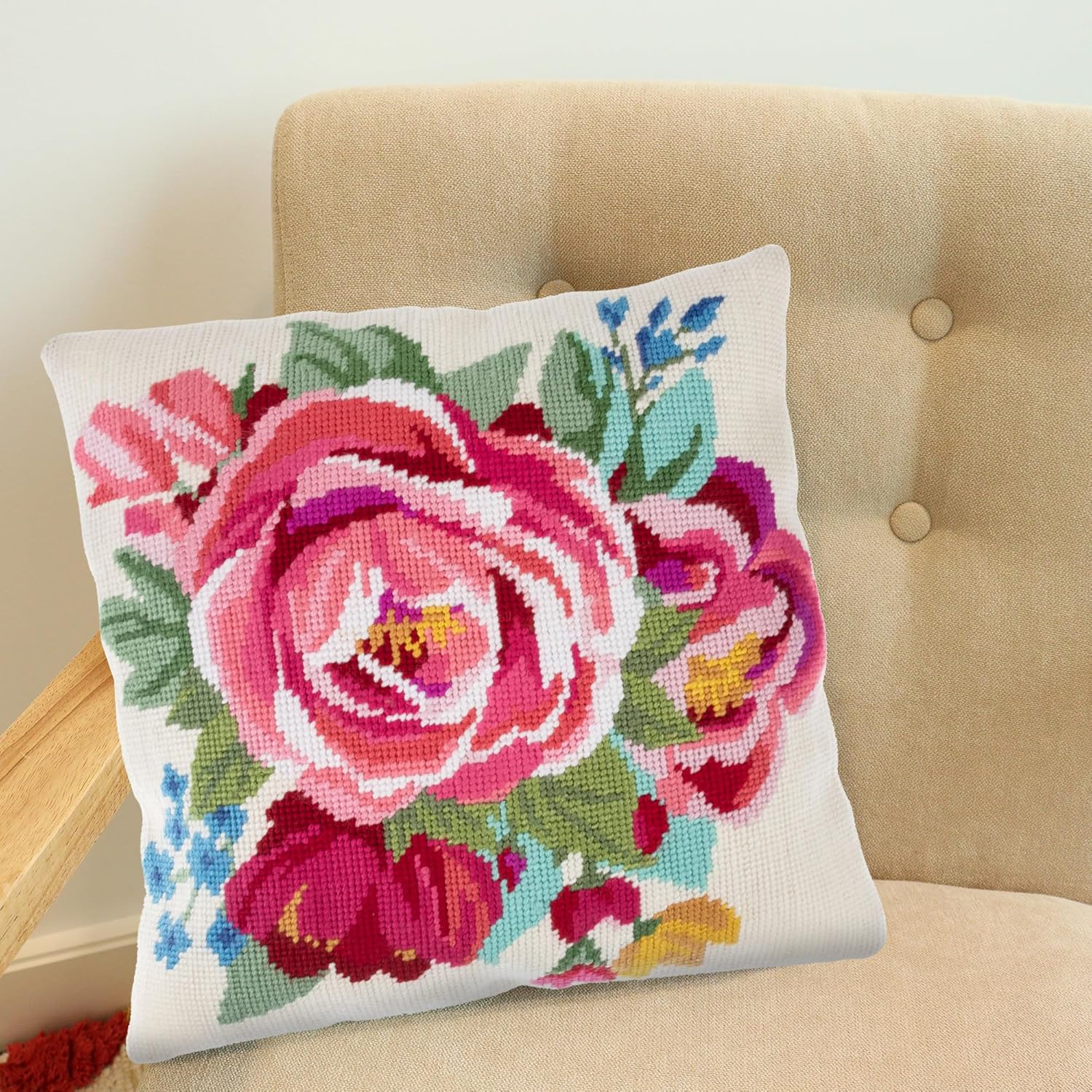 Trimits Half Stitch Cross Stitch Cushion Kit, Cushion Back Included, Pre Printed Canvas, Yarn and Needle Included 40 x 40cm (15.75 x 15.75in), Spring Bloom