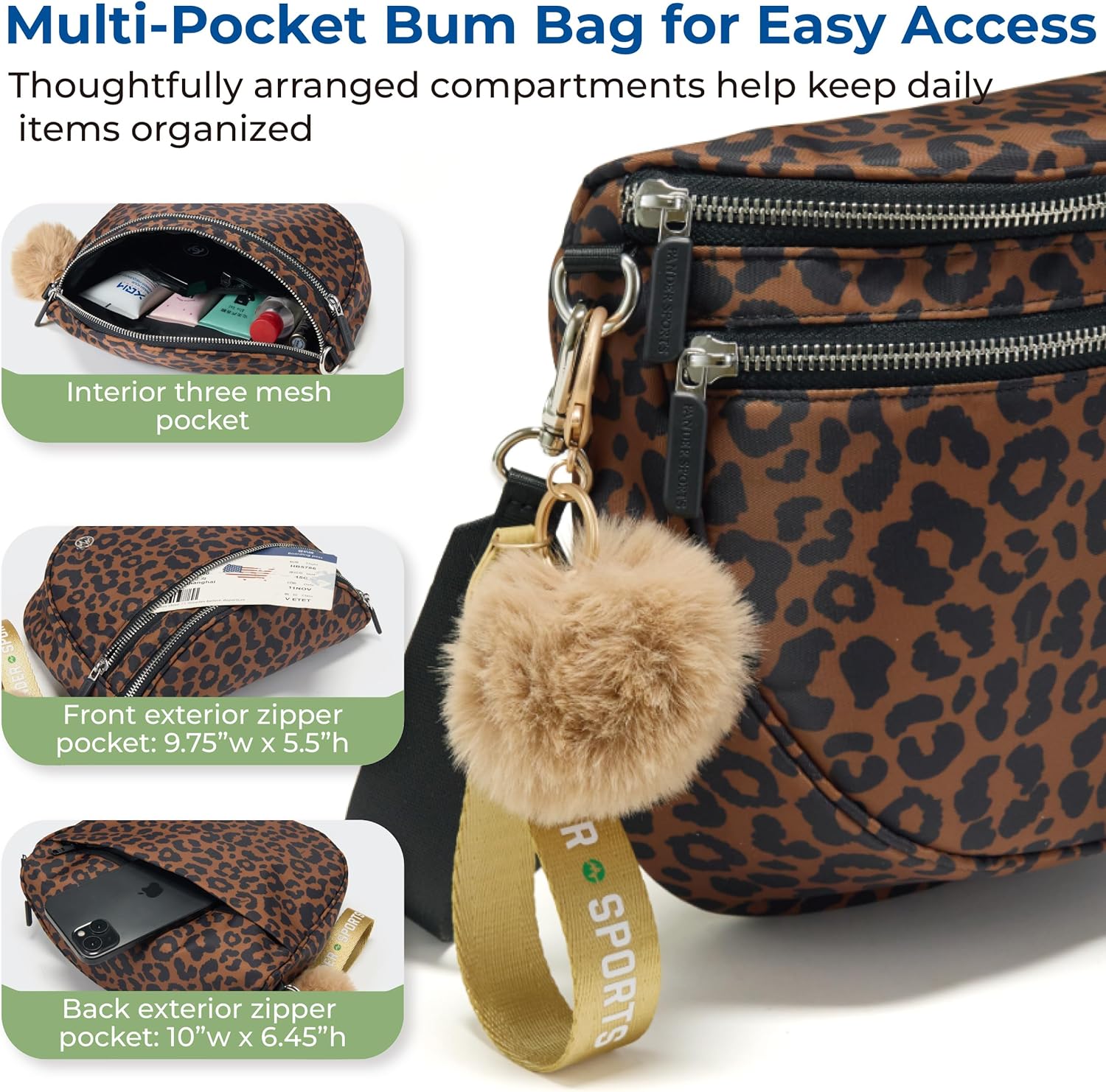 Pander Crossbody Bum Bag for Women, Everyday Nylon Shoulder Bag with Pompom Keychain Wristlet Bag Charm, Adjustable Strap - Image 4