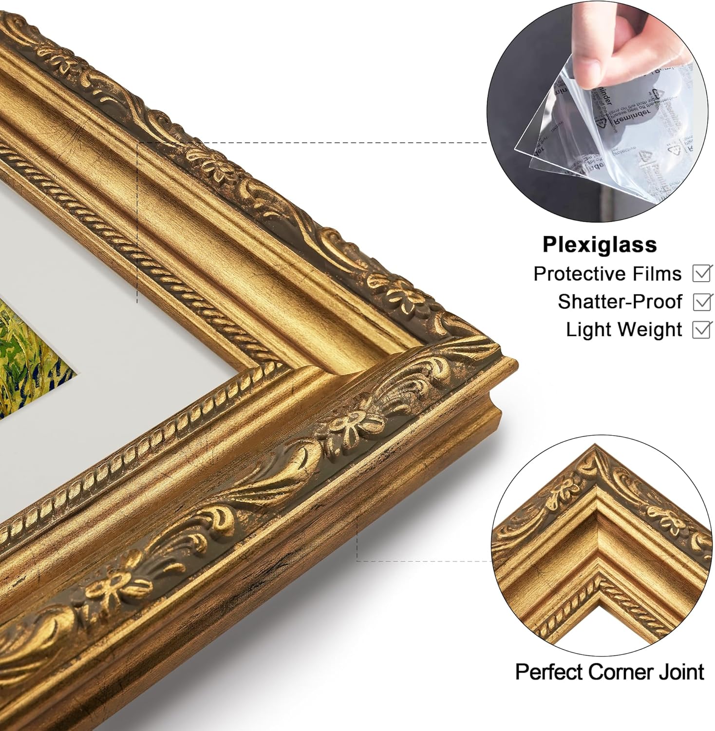 Antique Gold 16x20 Picture Frame, Ornate Embossing Frame with Paper Mat and Plexiglass, Fit for 16x20 without Mat or 11x14 with Mat, Wall Mounting Display for Art Prints, 1 Pack