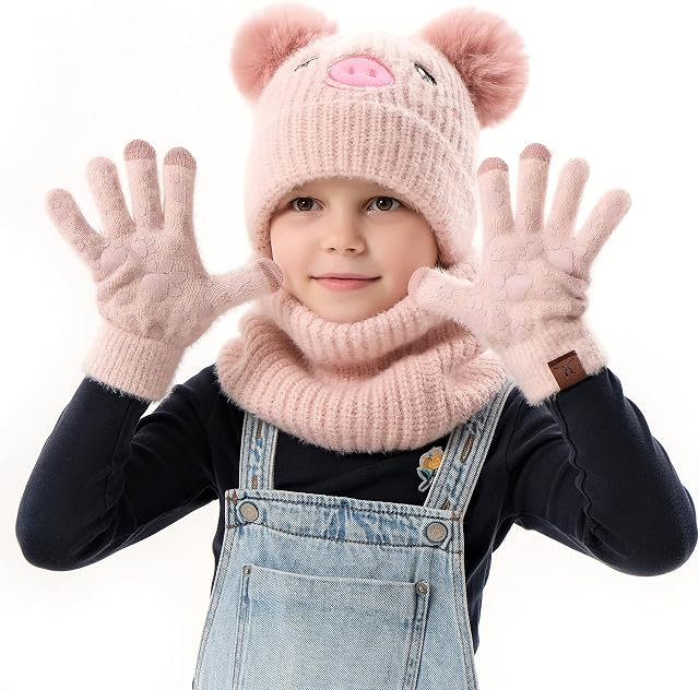 3Pcs Kids Hat Scarf Gloves Set Girls Boys Super Soft Chenille Age 5-10 with Warm Fleece Lined Pompoms Beanie Touchscreen Gloves and Loop Scarf