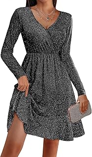 Zeagoo Women's Christmas Dress, Elegant Winter Dress, Festive Sequin Dress, Long-Sleeved Party Dress with V-Neck, Ruffle Hem, Glitter Dress, Sparkly Midi Dress, Cocktail Dress, Prom Dress