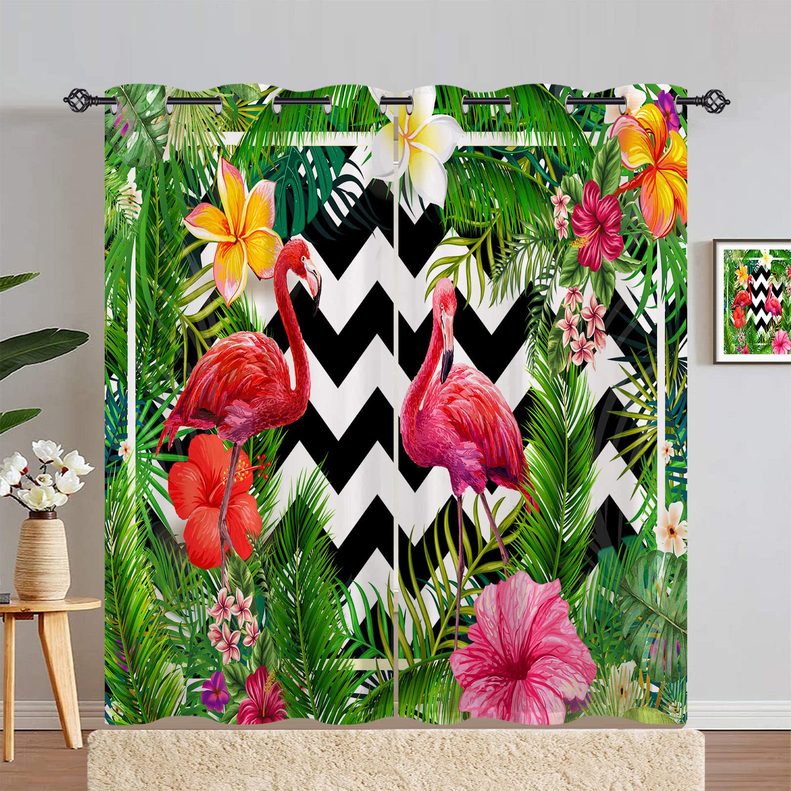 ANHOPE Tropical Flamingo Curtains Eyelet 80% Blackout Room Darkening Curtains with Palm Leaf Floral Print Pattern Thermal Insulated Window Drapes for Bedroom Living Room 46 x 72 Inch Drop 2 Panels