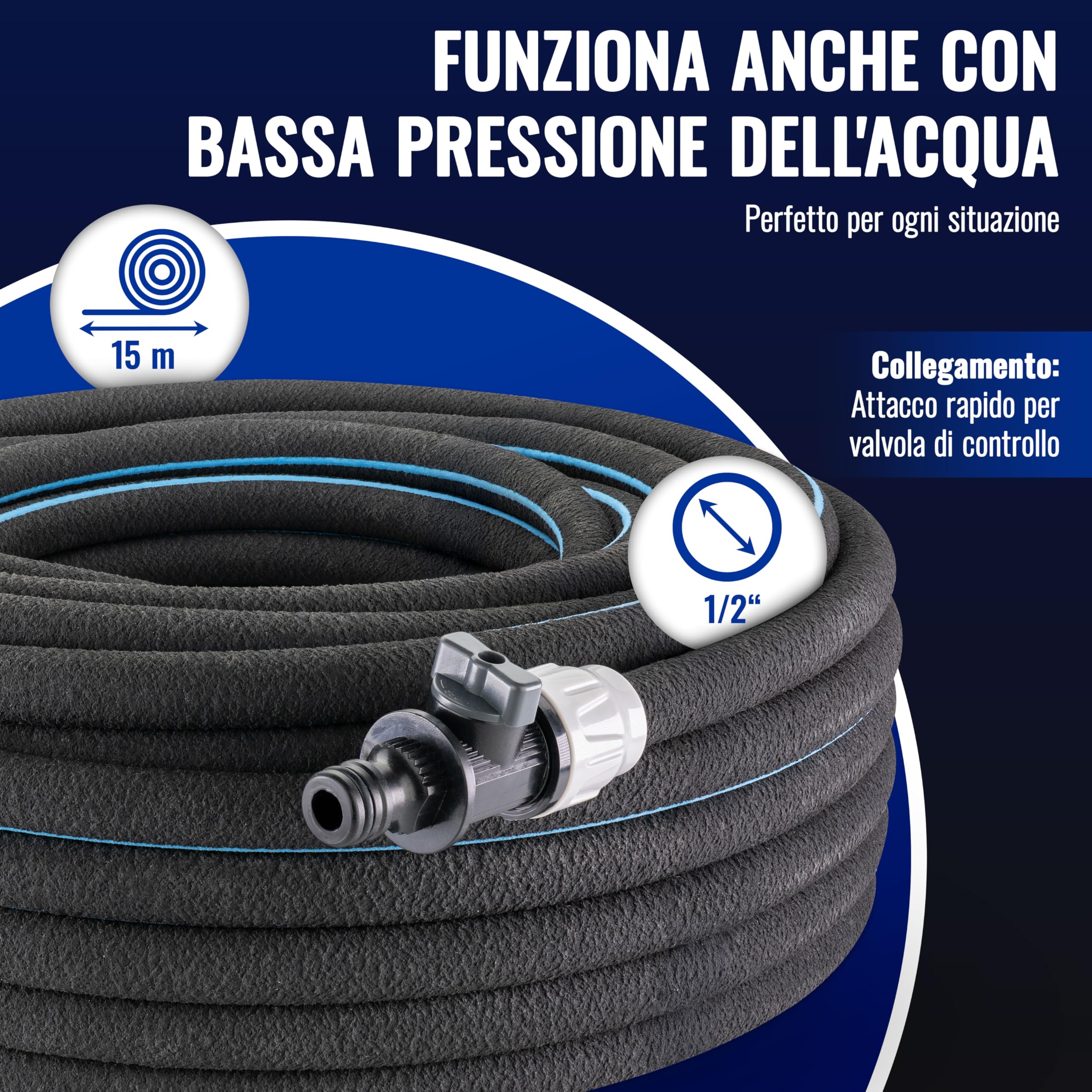 Poppstar Tubo poroso 15 m (tubo microforato per irrigazione giardino, diametro interno 1/2") con raccordo rapido per valvola manuale, nero