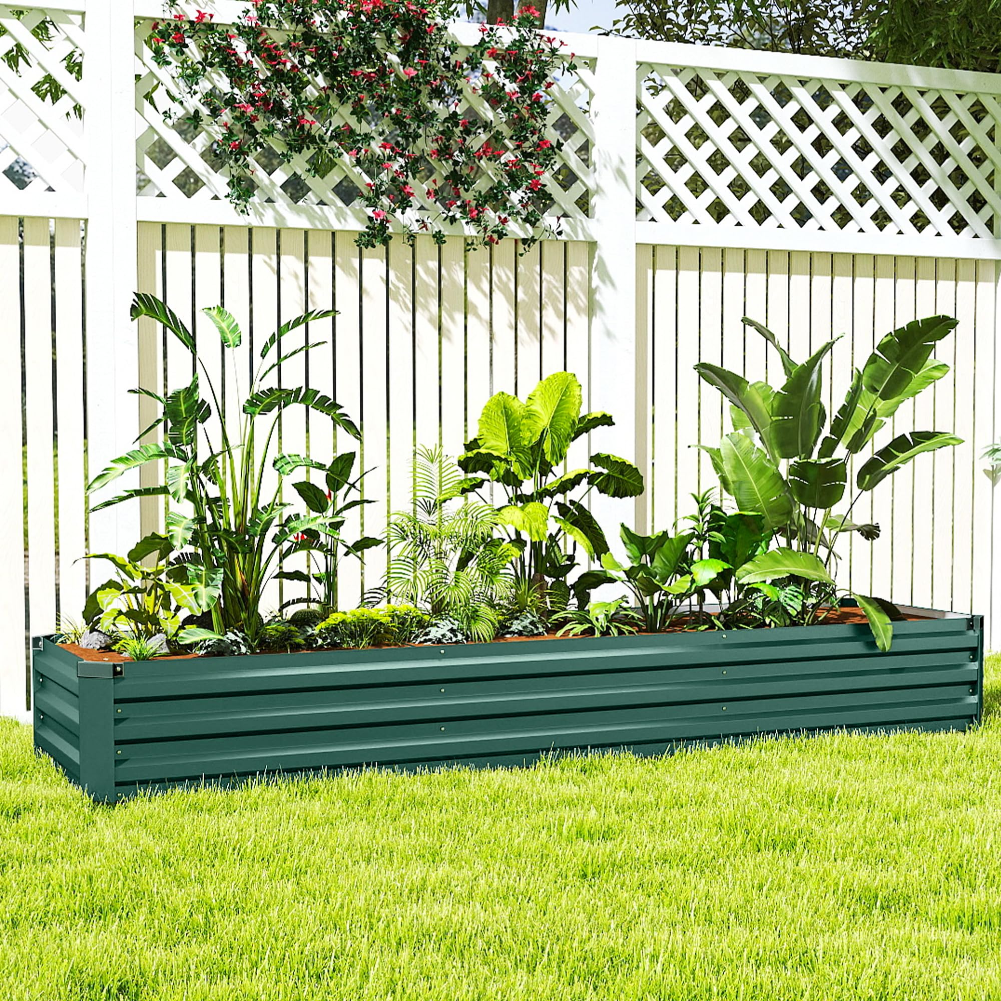 Outsunny Carré Potager Rectangulaire Acier Galvanisé 240x60x30cm Vert | Lit de Jardin Surélevé, Fond Ouvert, Jardinière avec Coins de Protection