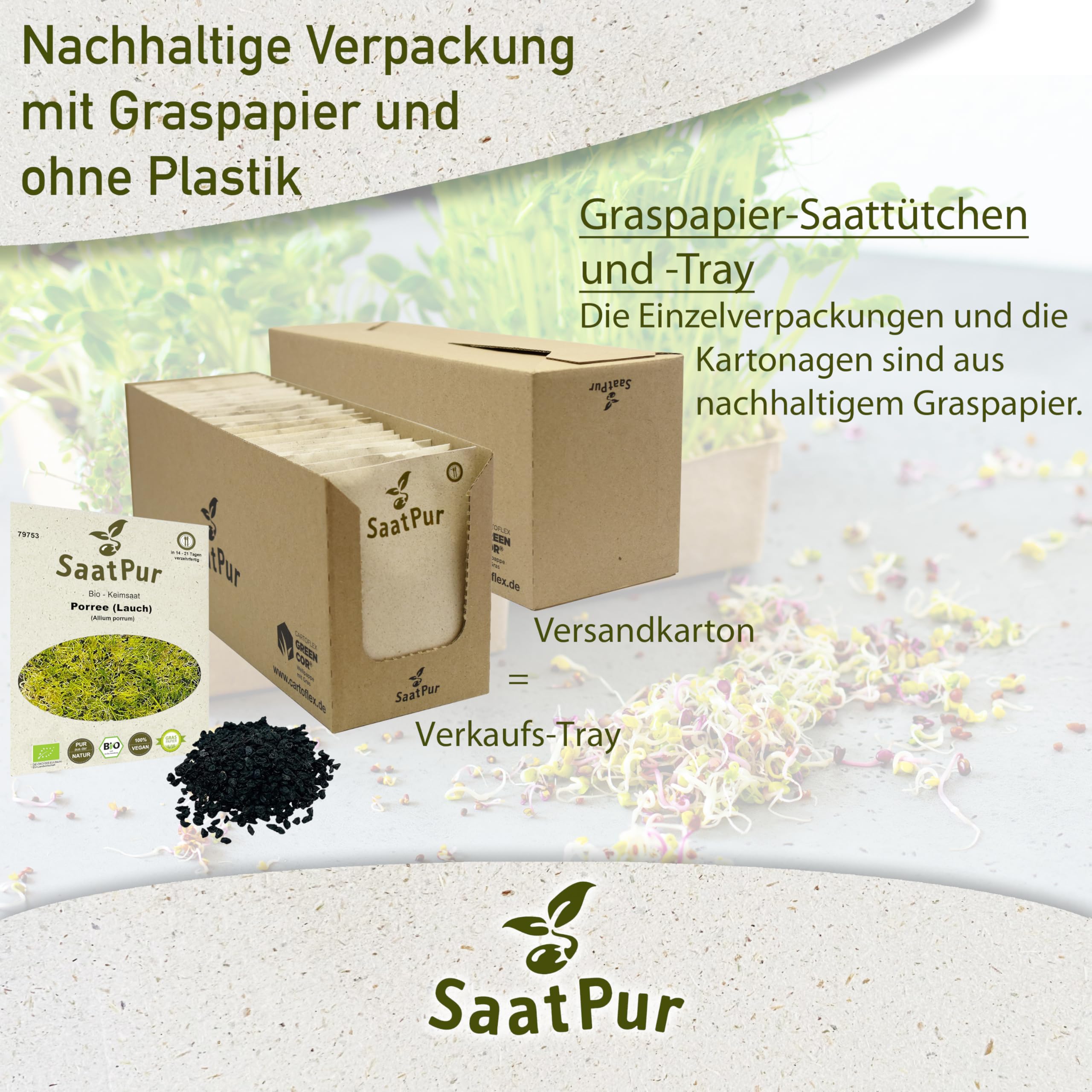 SaatPur Bio Keimsprossen - Porree Lauch Sprossen, Microgreen - Großes Tray mit 80 Portionstüten je 15g