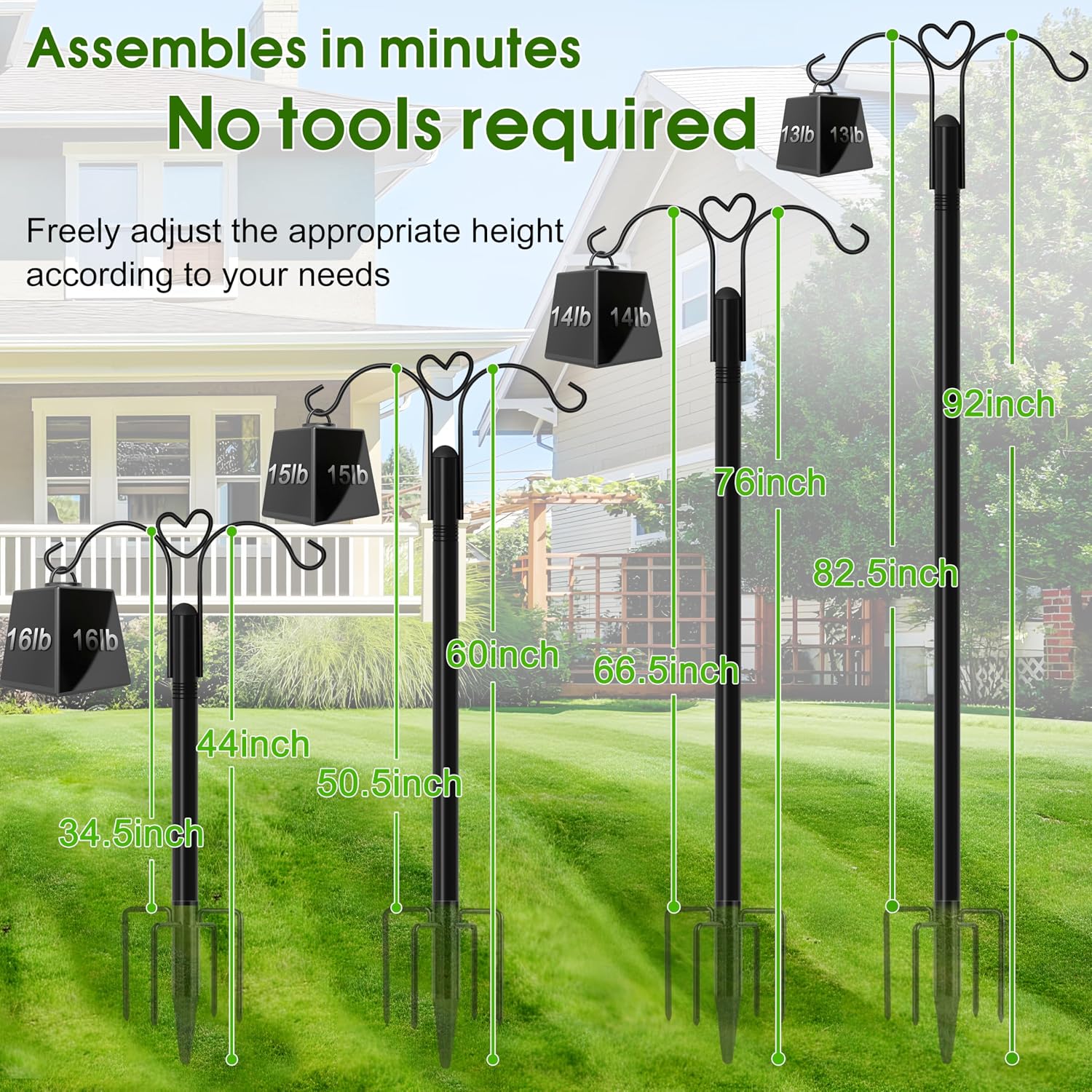 XDW-GIFTS Shepherds Hooks for Outdoor, 2-Pack 92 Inch Heavy Duty Bird Feeder Pole, Garden Pole for Hanging Plants, Lantern, Hummingbird Feeder, Hanging Plant Stand with 5 Base Prongs