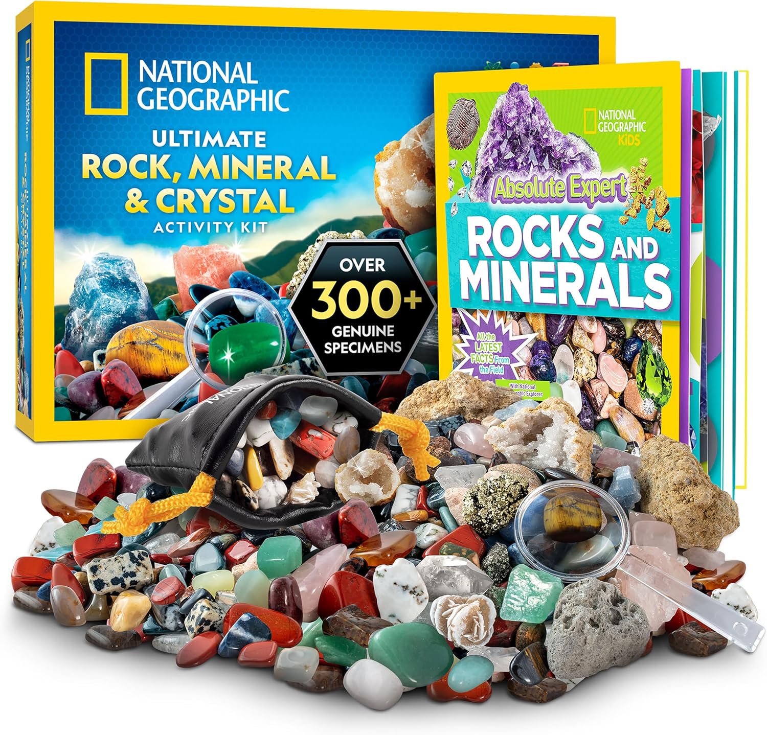 National Geographic Rock Collection Box for Kids – 300 Piece Rock Set with Real Gemstones, Crystals & Minerals – Includes Absolute Expert: Rocks & Minerals Full-Color Book (Amazon Exclusive)