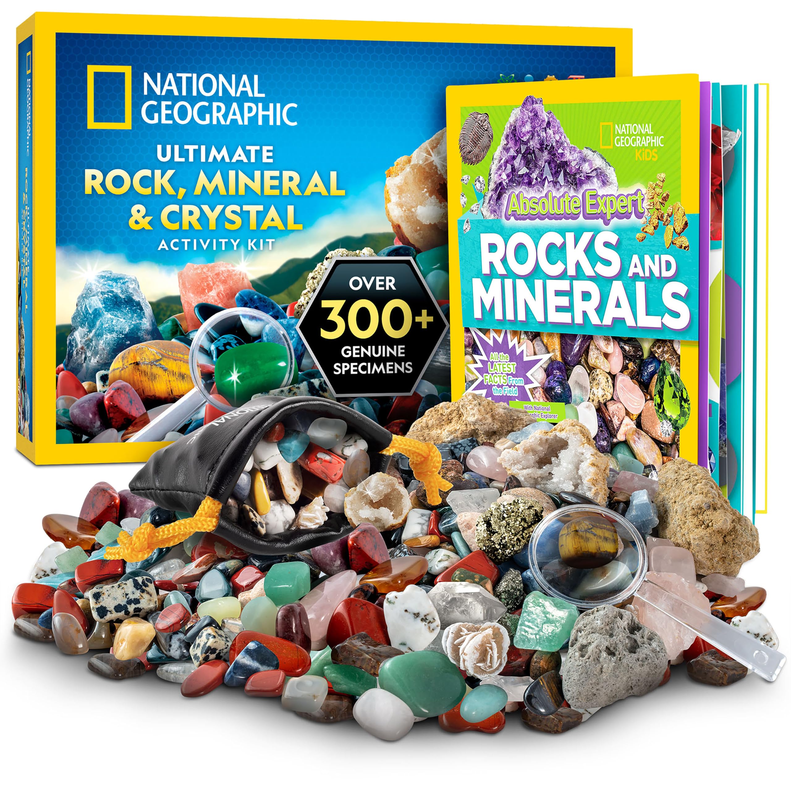 NATIONAL GEOGRAPHIC Rock Collection Box for Kids – 200+ Piece Rock Set with Real Fossils, Gemstones, and Crystals- Includes Absolute Expert: Rocks & Minerals Full-Color Book (Amazon Exclusive)
