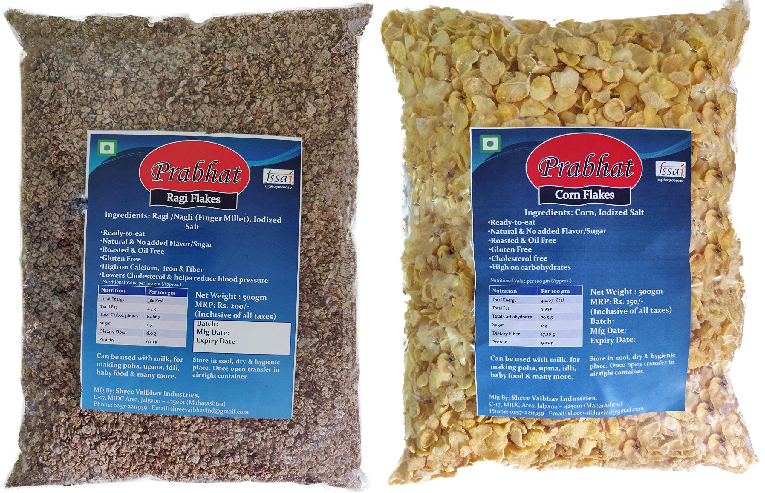 Prabhat Flakes - Ragi Flakes & Corn Flakes - 500 gm Each (Total - 1 kg)