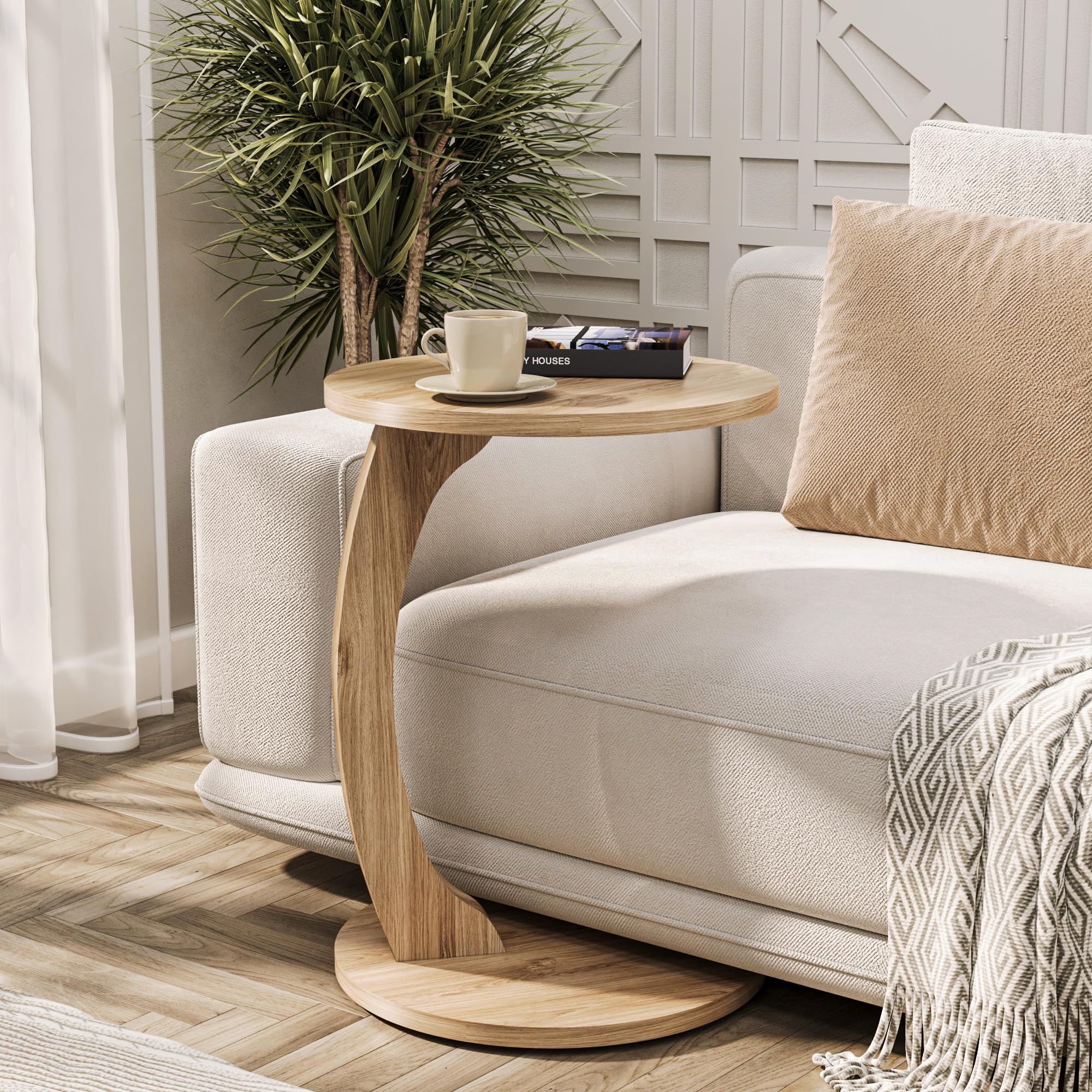 Tavolino Da Salotto A Forma Di C - Design Pratico Per Divano E Letto - Effetto Legno Vintage - Ø40x65cm - Foto 9