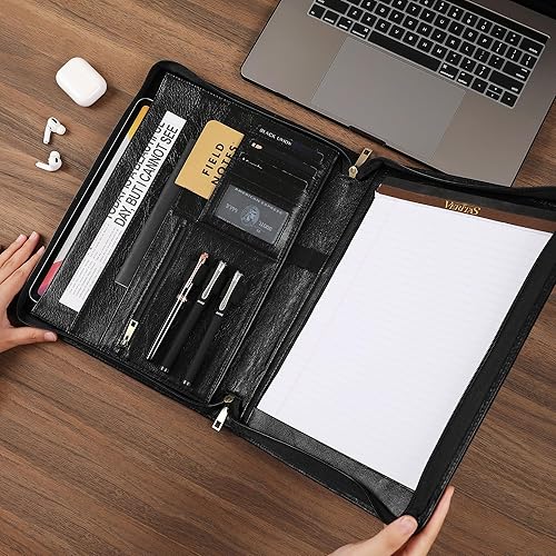 Miniatura 5 de Cartera de cuero genuino, organizador de padfolio de 11 x 14 pulgadas con cremallera, cartera profesional de negocios para hombres y mujeres,
