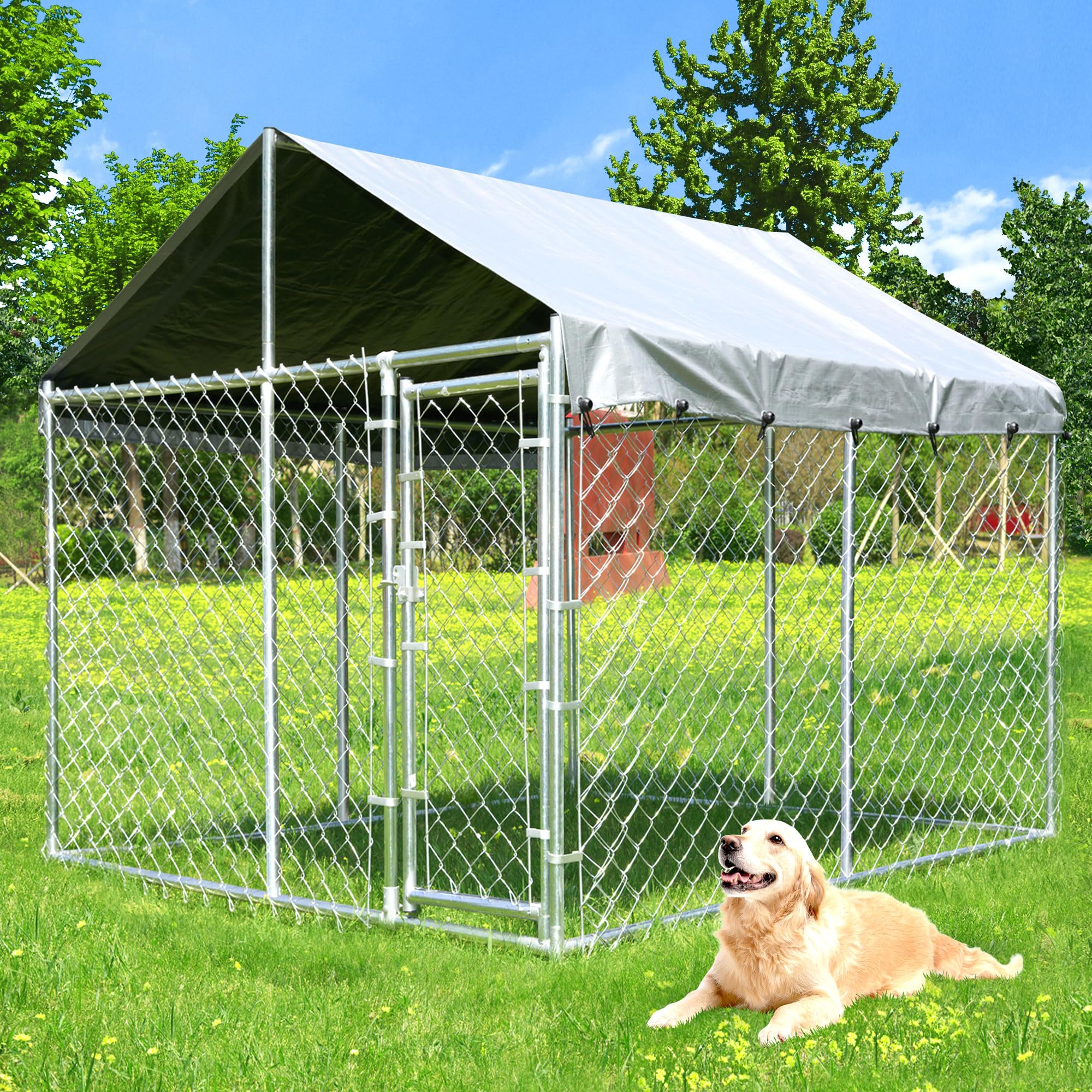 10'x10'x6.56' Large Outdoor Dog Kennel with Roof, Heavy Duty Outside Dog Run Enclosure Dog Pen House Pet Playpen with Galvanized Chain Link, Lockable