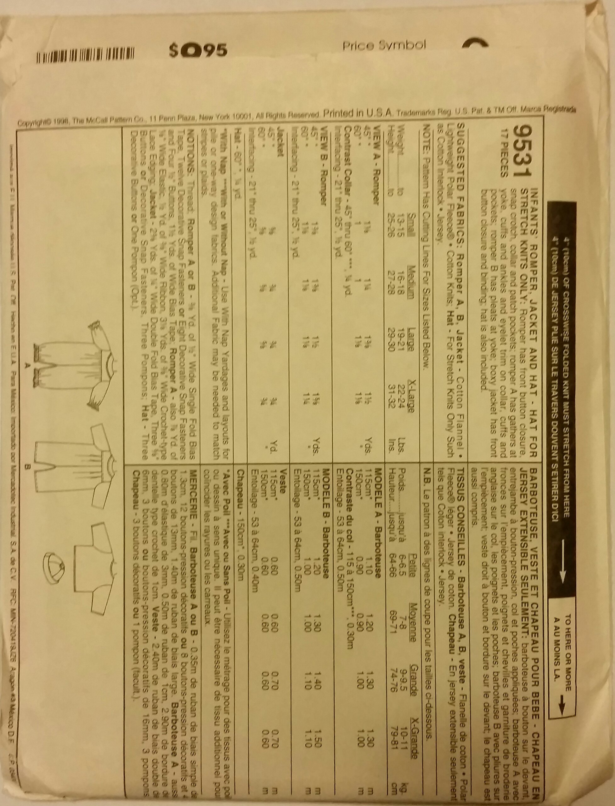 Mccall's 9531 Baby West Knit Infant Romper/ Jacket/ Hat