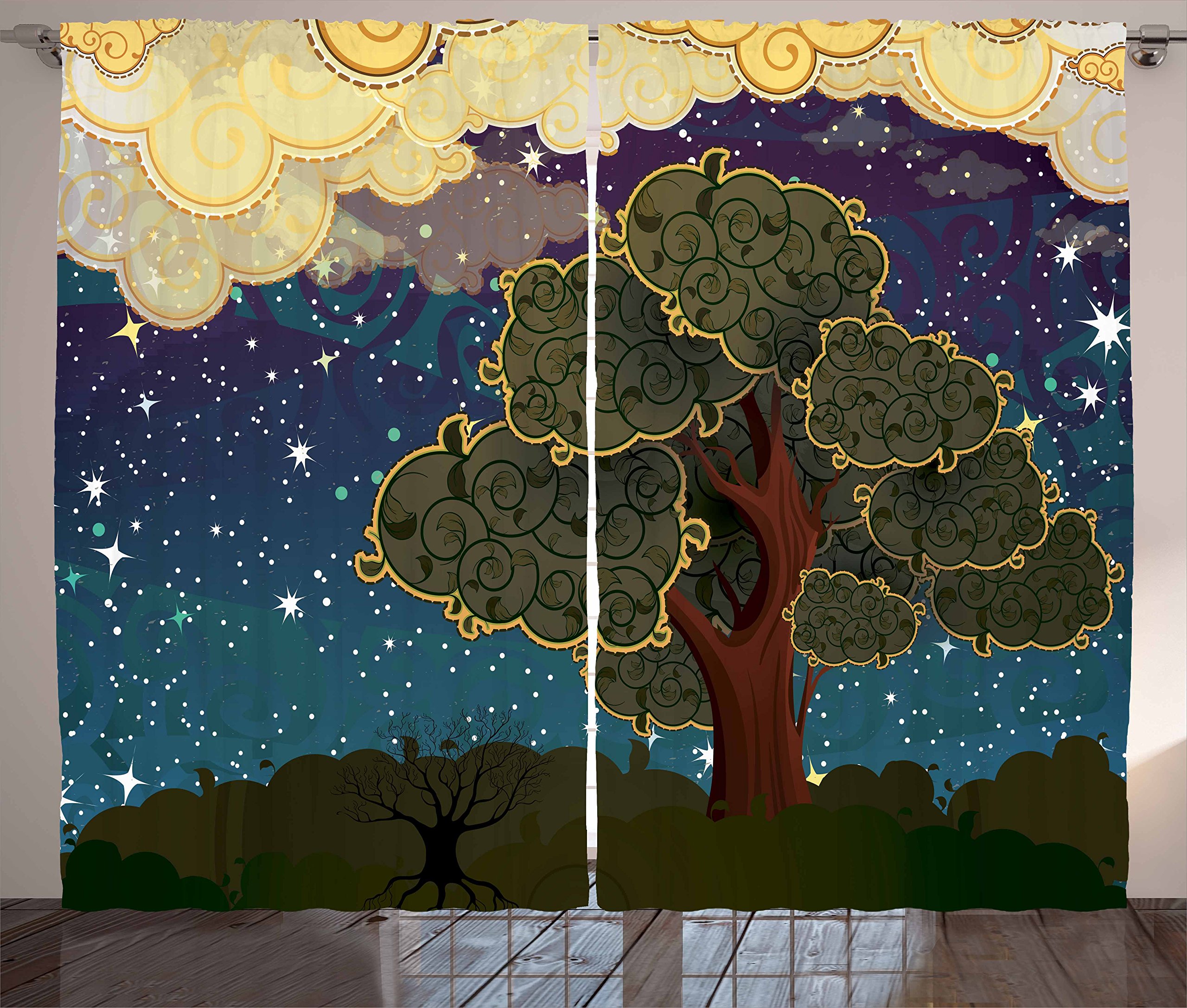 Ambesonne Nature Curtains, Funk Art Vibrant Starry Night Sky Puffy Clouds Tree Illustration Print, Living Room Bedroom Window Drapes 2 Panel Set, 108" X 84", Soft Yellow