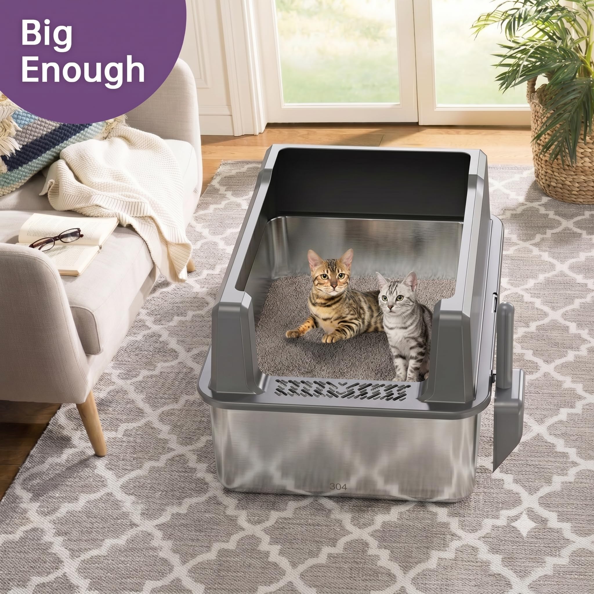 XXL-Katzentoilette aus Edelstahl mit hoher Seite, 66 cm L x 45,7 cm B x 30,5 cm H, extra große Katzentoilette für große Katzen und mehrere Katzen, Katzentoilette mit Anti-Urin-Auslauf, leicht zu