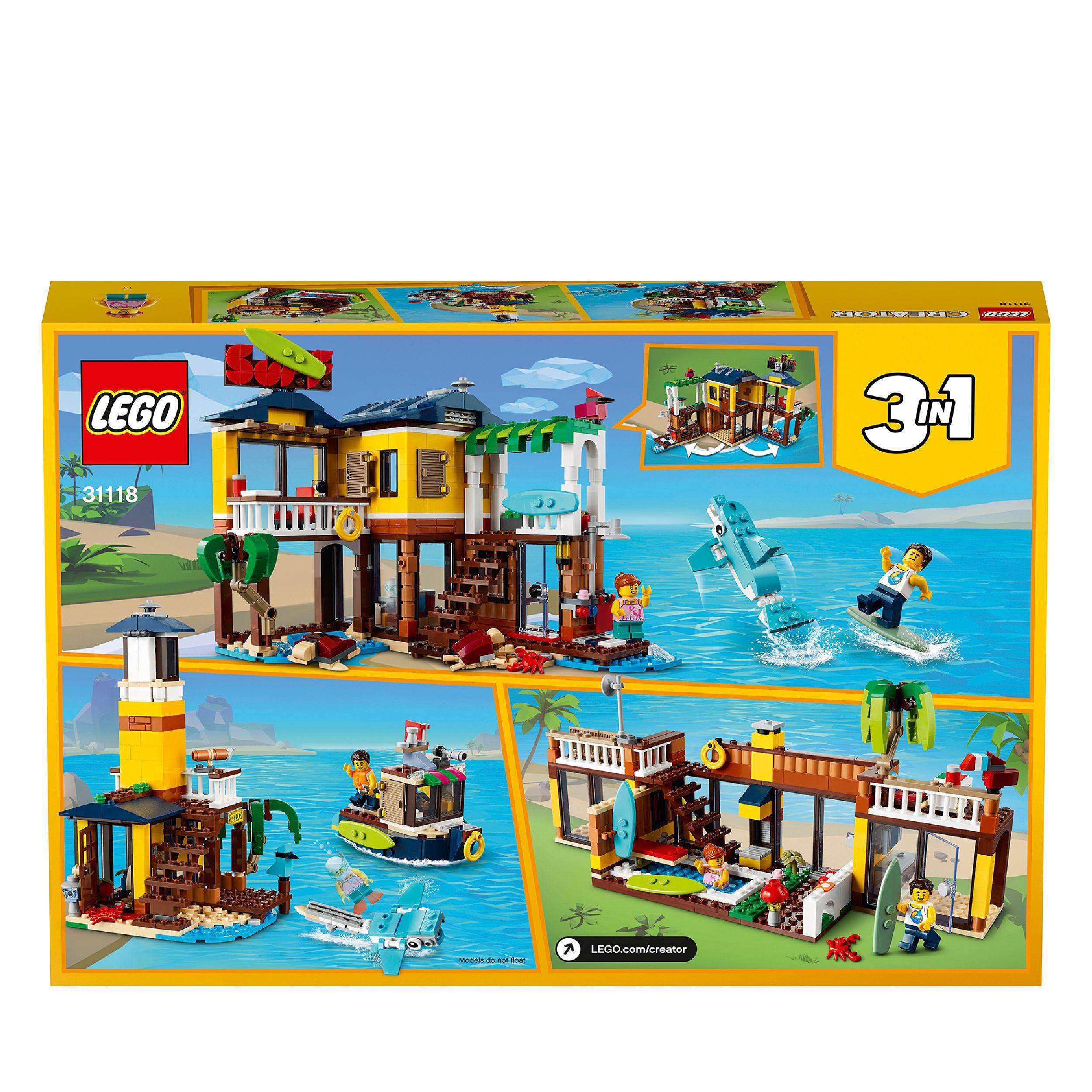 LEGO 31118 Creator 3-en-1 La Maison sur la Plage du Surfeur, Jeu de Construction, Figurines Animaux Marins, Piscine, Idée Cadeau Enfants 8 Ans et Plus