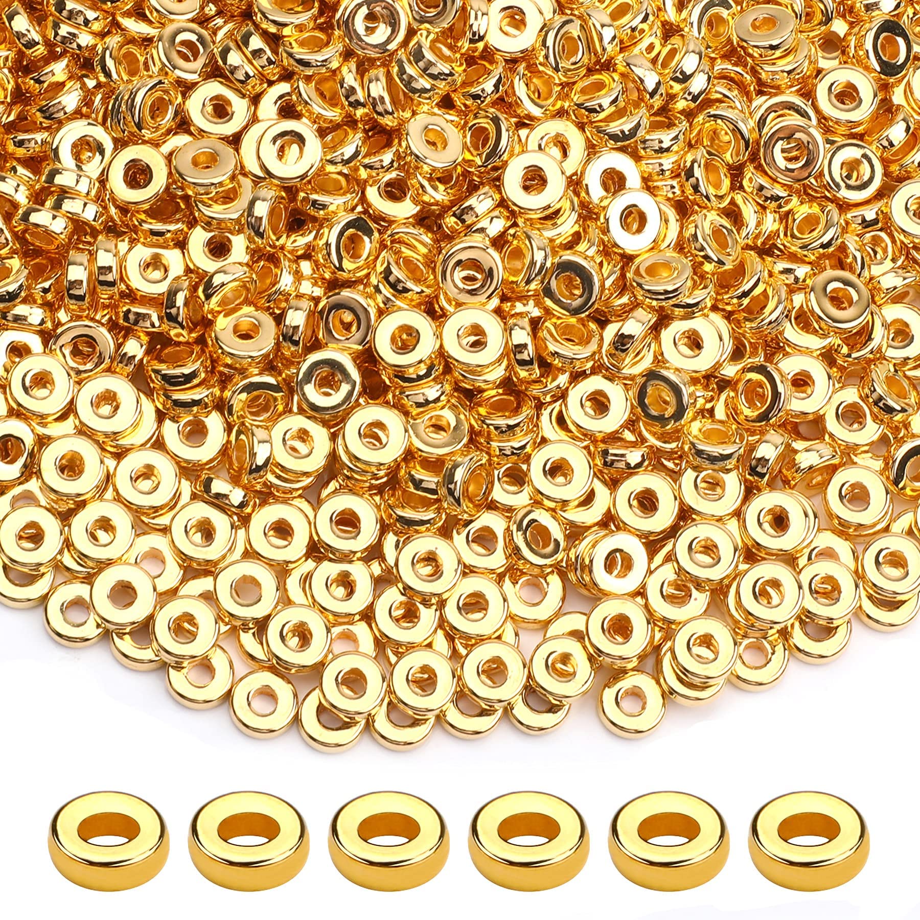 KASTWAVE 1000 Pcs 6mm Gold Beads Flat Round Spacer Beads Disc, Loose Clay Beads Jewelry Making, Round Polymer Clay Spacer Beads for DIY Jewelry Bracelet Necklace Earring Craft Kit Supplies