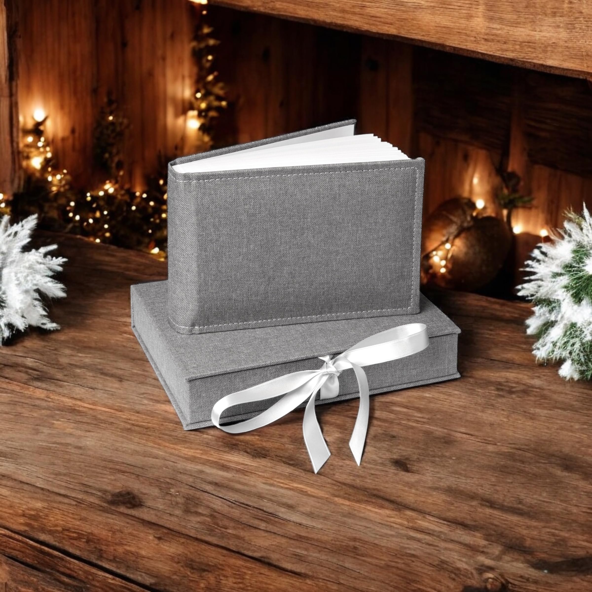 Álbum de fotos de 20 x 15 cm con funda de tela gris, 25 x 20 cm, caja con álbum