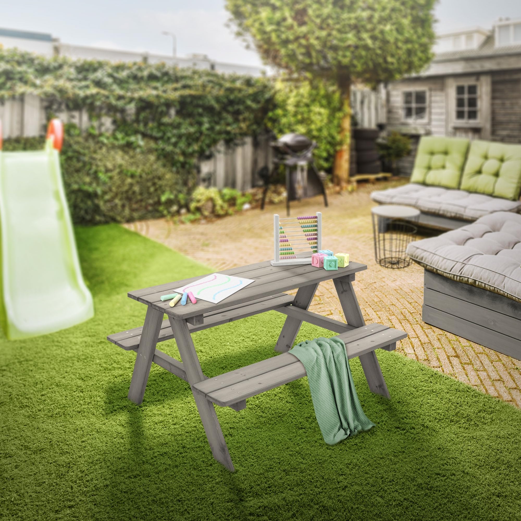 ML-Design Kindersitzgarnitur für Draußen, Grau, Sitzgruppe Outdoor 2 Bänke mit Tisch, Garten Kindersitzgruppe mit 4 Plätzen, Sitzgarnitur für Kinder Massivholz, Picknicktisch Kinder, Spielsitzgruppe