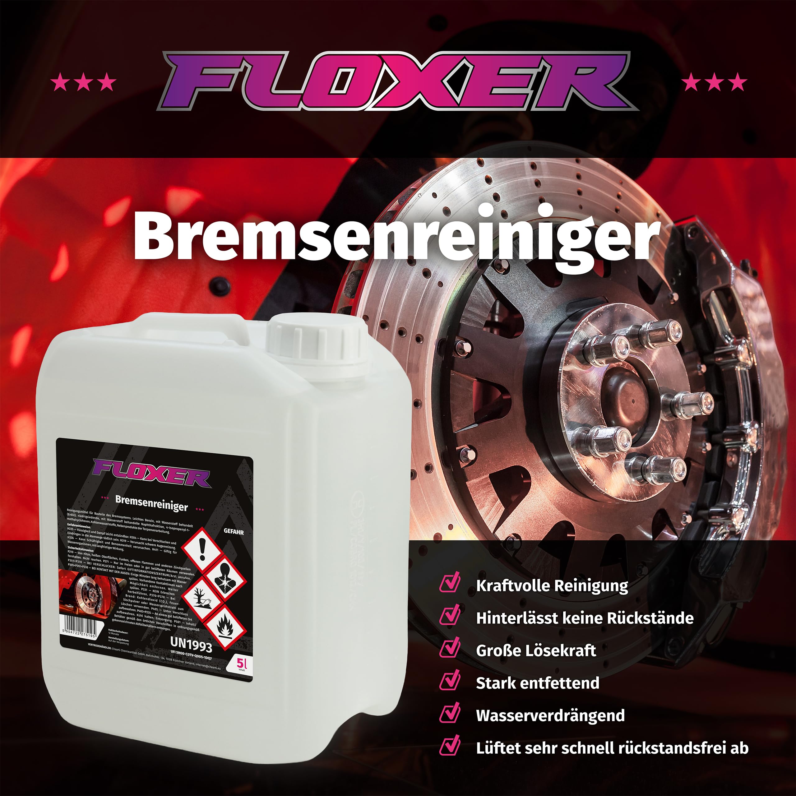 Bremsenreiniger Floxer 5L - für Auto, Motorrad, Fahrrad & Rasenmäher - entfernt Öl, Fett, Bremsstaub & Klebereste - Werkstatt Teilereiniger & Motor Entfetter, schnelltrocknend & rückstandsfrei