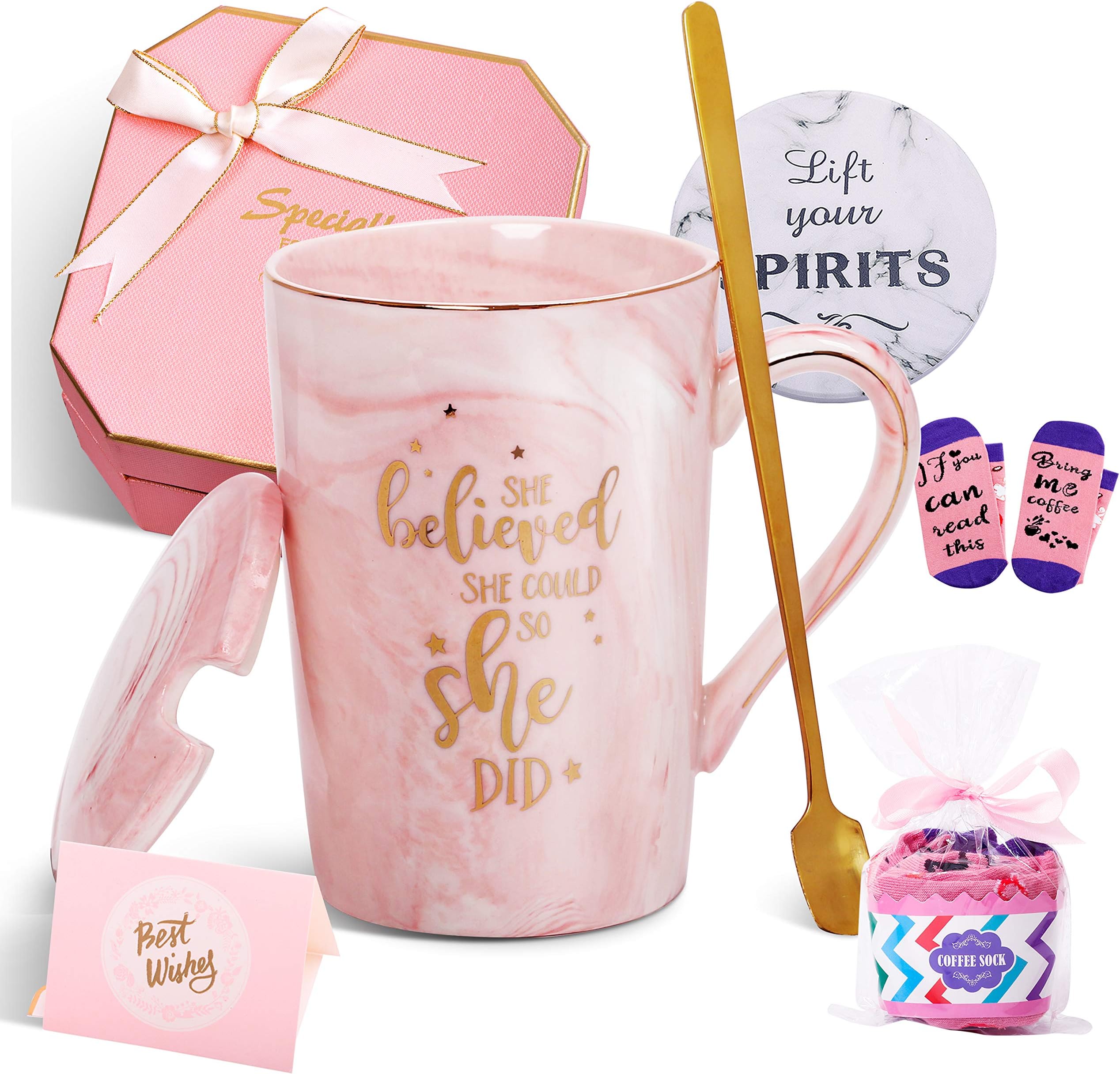 Jumway She Believed She Could So She Did Mug - Congratulations Gifts And Graduation Gifts for Her - Spiritual Inspiritional Gifts for Women,Going Away,Job Change,Birthday Gifts Pink Marble Mug 14 Oz