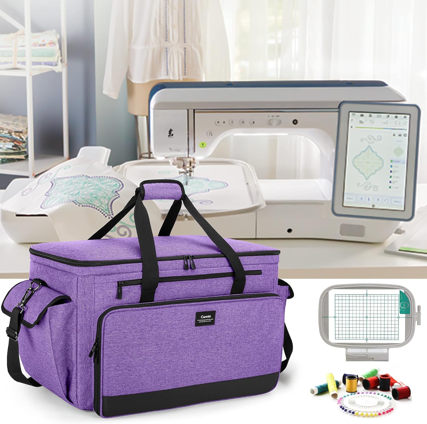 CURMIO Sewing and Embroidery Machine Carrying Case, Universal Tote Bag with Removable Cushion Pad Compatible with Brother SE600, PE535 Embroidery Machine and Accessories, Bag Only