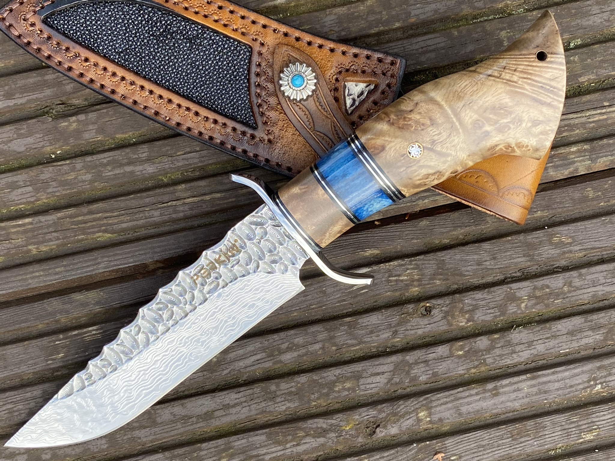 Perkin Damastmesser Rostfrei Jagdmesser Damast Bowie Messer Festes Klingenjagdmesser mit Scheide Handgefertigte Damaststahl VG10 Klinge