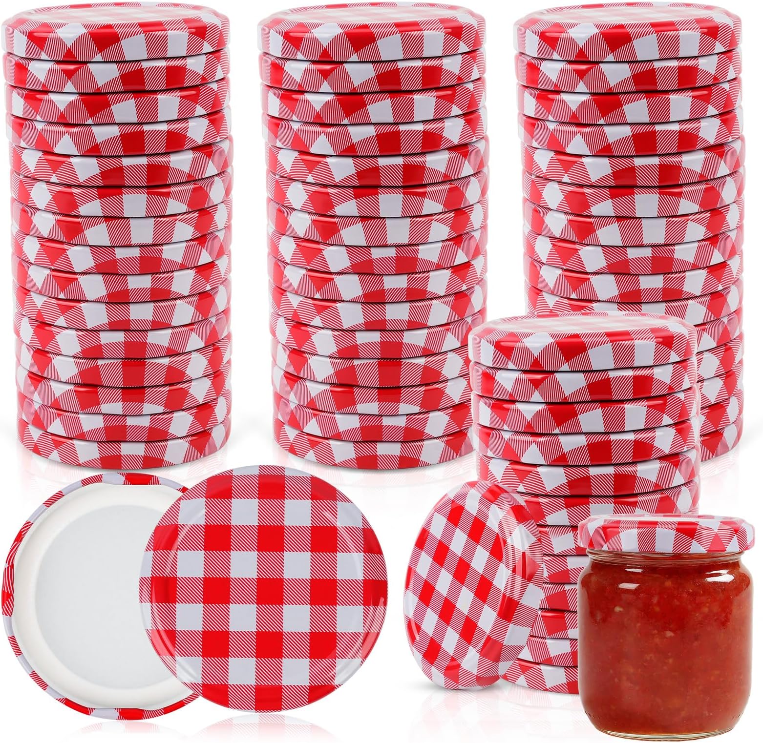 60Pcs Iron Jam Jar Lids, 59mm Jam Jar Covers Replacement Canning Lids, Decorative Gingham Canning Caps for Glass Preserve Marmalade and Mason Meal Prep Storage