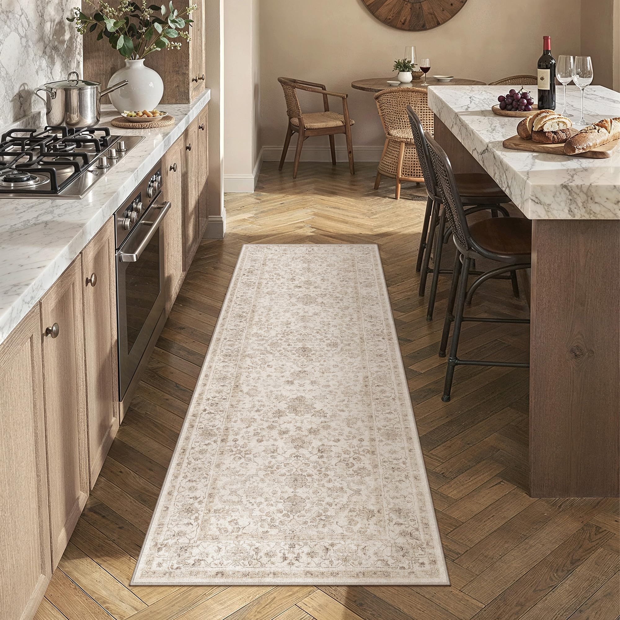 PureCozy Vintage Hallway Runner Rug 60x180cm Beige Carpet Machine Washable Non Slip Runners Rugs Kids Bedroom Bedside Kitchen Hall Office Playroom Indoor Low Pile Carpets