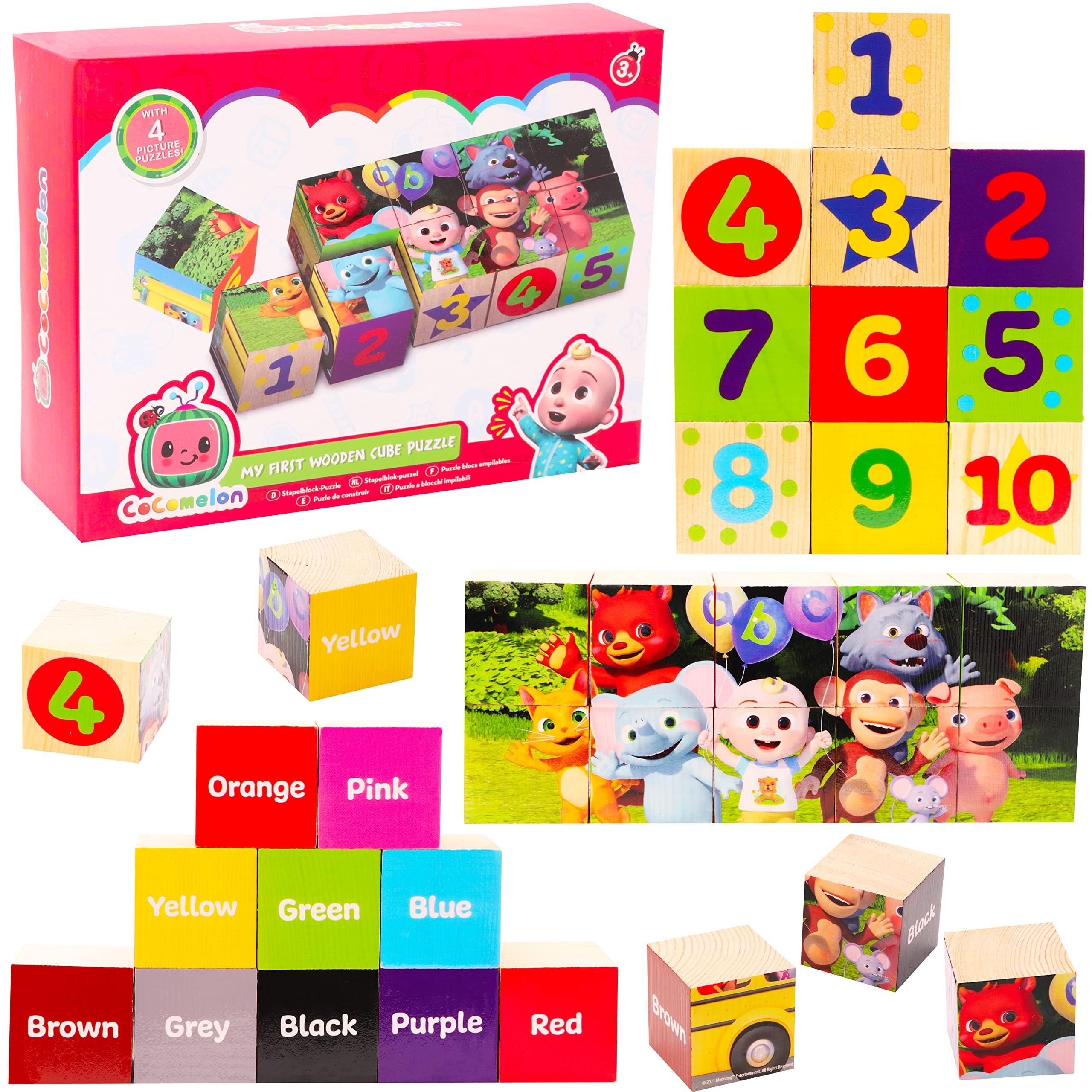 Toyland® Cocomelon Wooden Cube Blocks With 4 Picture Puzzles - Educational Toddler Toys - Building Blocks
