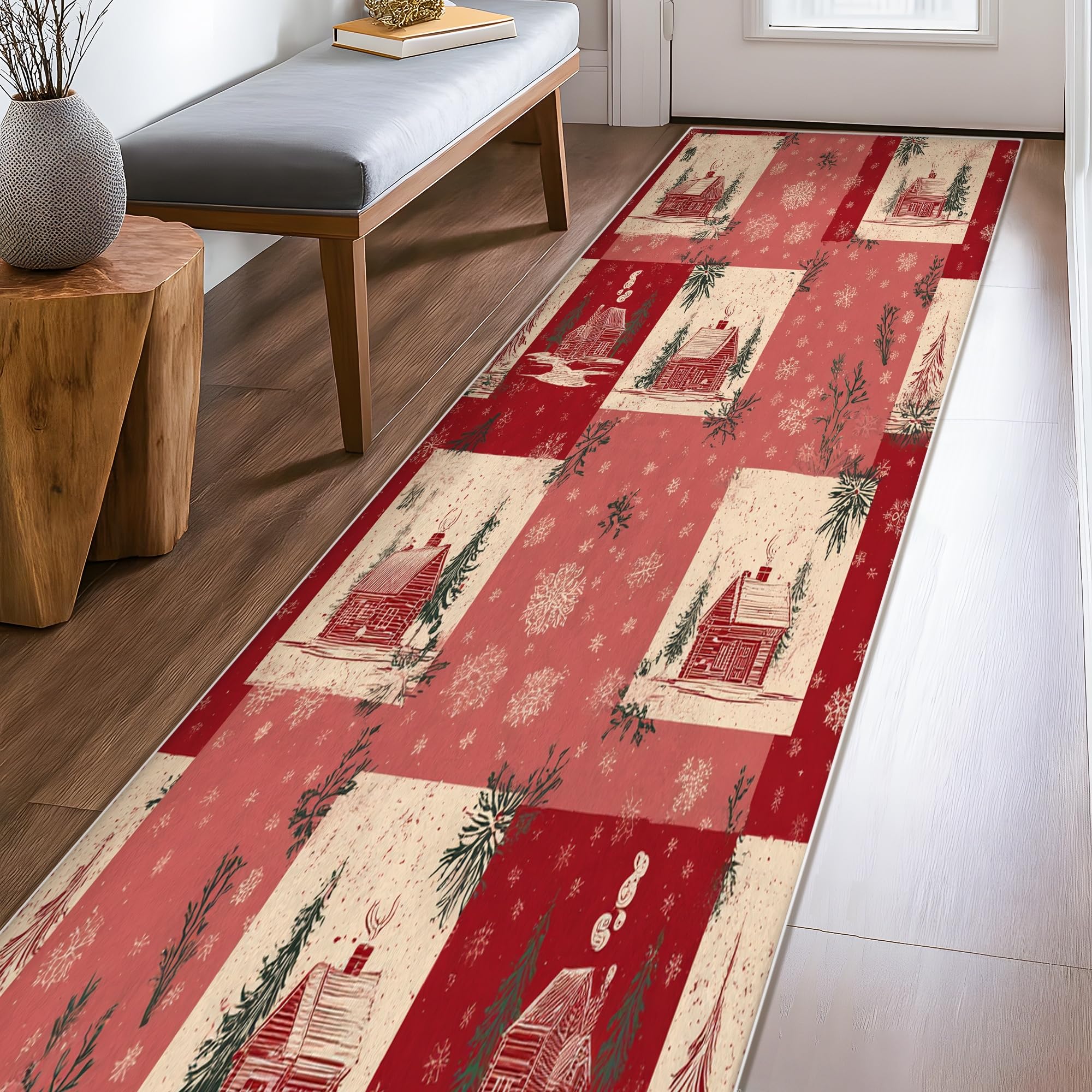 Tapis de couloir flocon de neige en pin rouge antidérapant pour entrée rustique 0,6x2,4m
