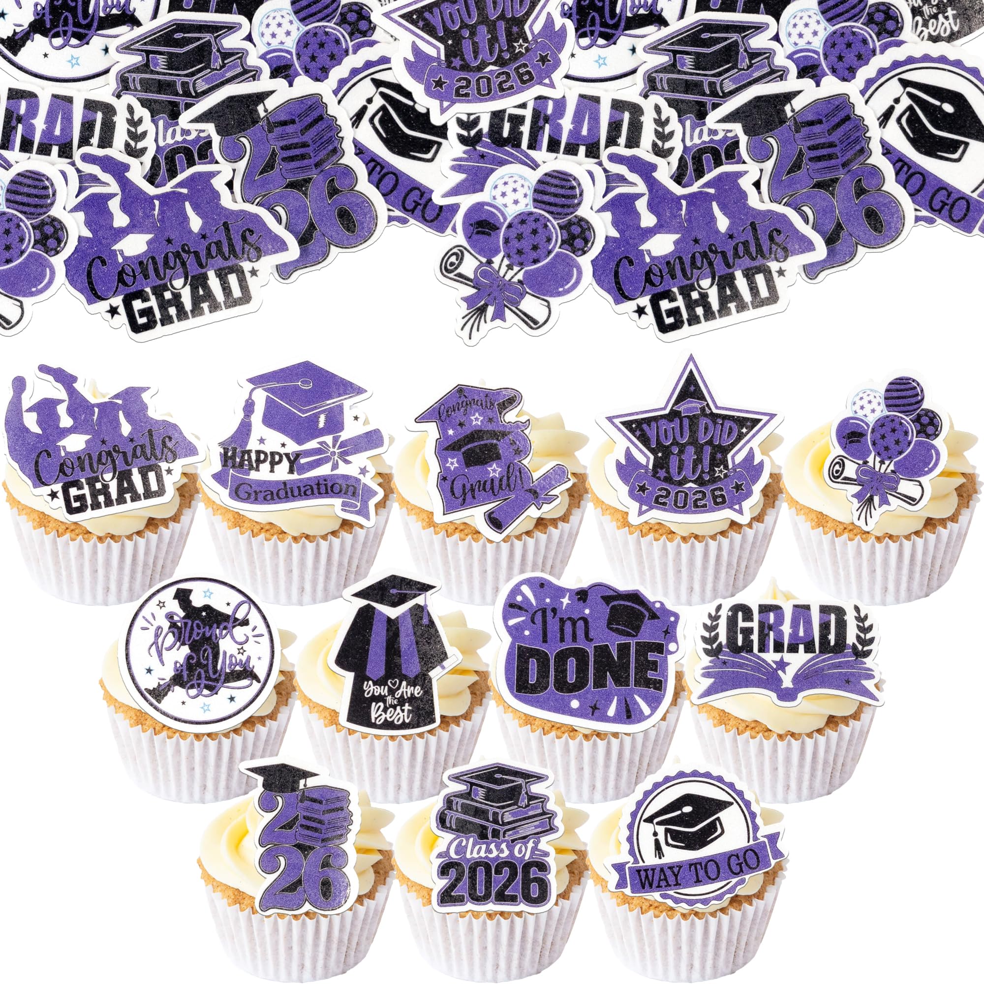 Gyufise 48Pcs Edible Graduation Cap 2026 Cupcake Toppers Wafer Paper Grad Cap Diploma Cake Decoration Picks for 2026 Grad Theme Party Cake Decor Supplies Purple White