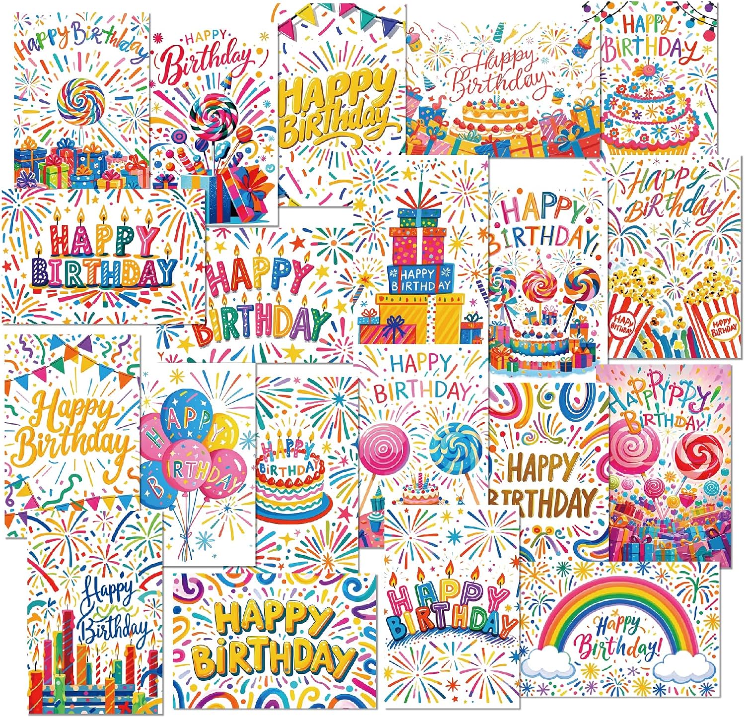 20pcs Birthday Cards, Messages, Envelopes, and Stickers | 4x6 Inch Happy Birthday Cards Bulk for Family, Kids, Friends, Work, and Office Celebrations. (20 Pcs Cards With Firework patterns)