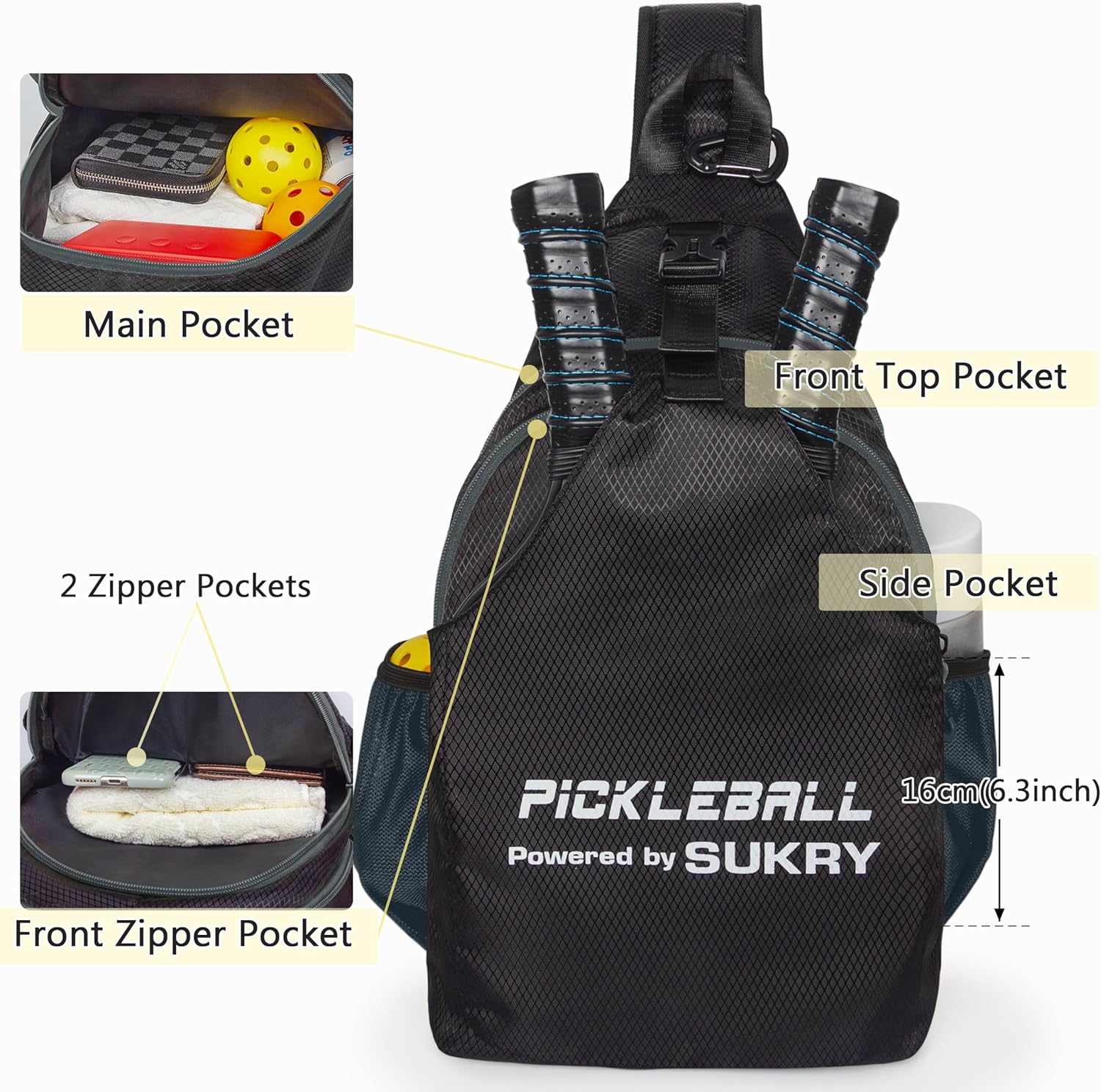 SUKRY Pickleball Bag Lightweight Sling Backpack for Men and Women with Multi-Pocket Crossbody Gym & Travel Backpack Pickle Ball Accessories - Image 5