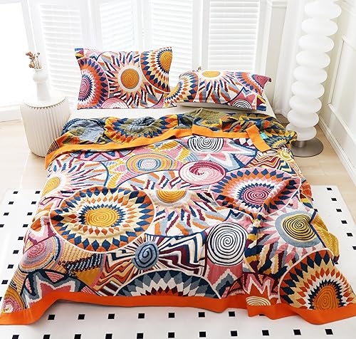 Miniatura 9 de MEJU Bright Flower - Manta de muselina amarilla y azul para todas las estaciones, para cama, sofá, sofá, 100% algodón peinado, 4 capas, suave,