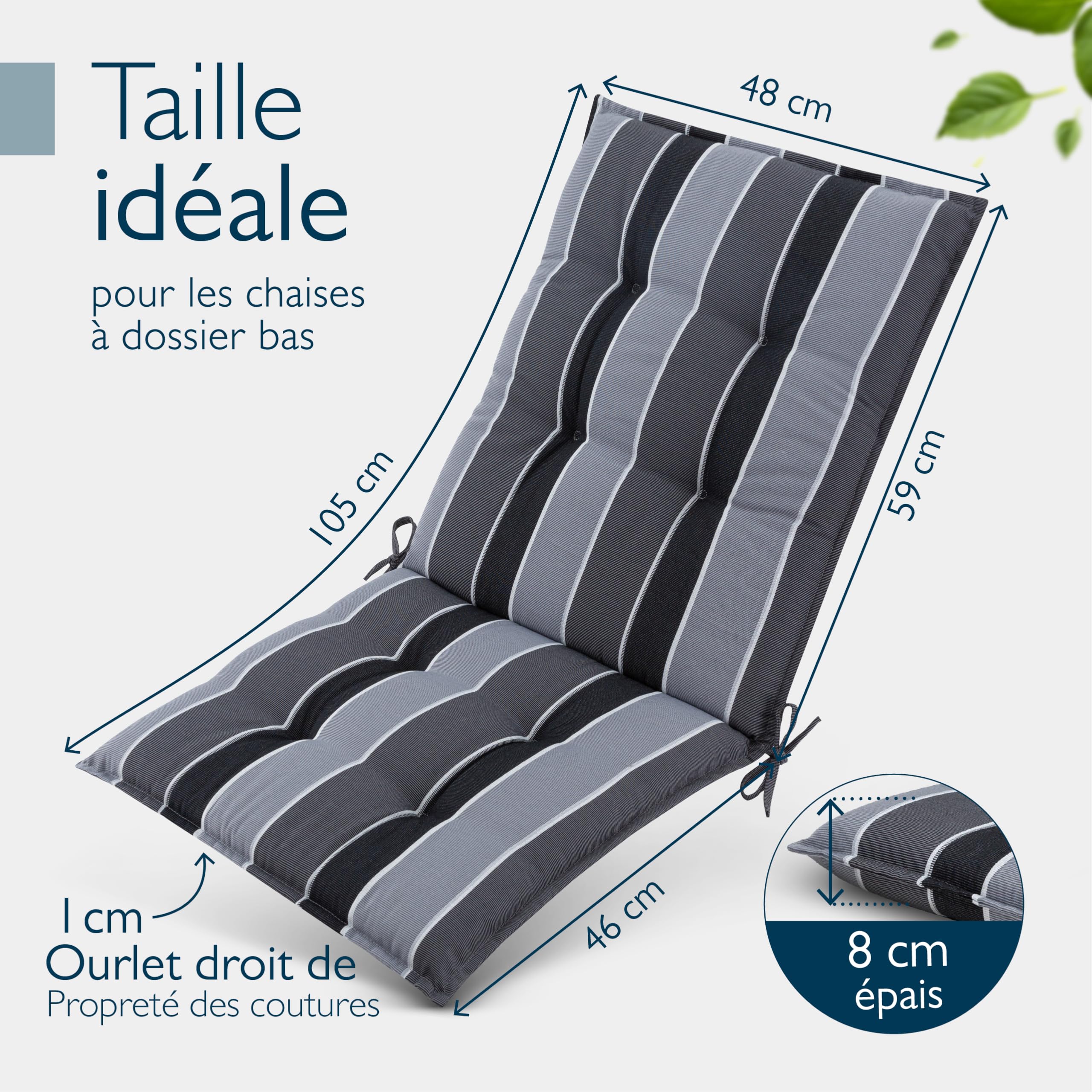 Beautissu 8X Premium Coussin Chaise Jardin Dossier Bas 100x50 cm Sun-NL – 8 cm Épaisseur Tissu Robuste Antidérapant & Résistance aux UV – Coussin Fauteuil avec Sangles Fixation Anthracite Rayé