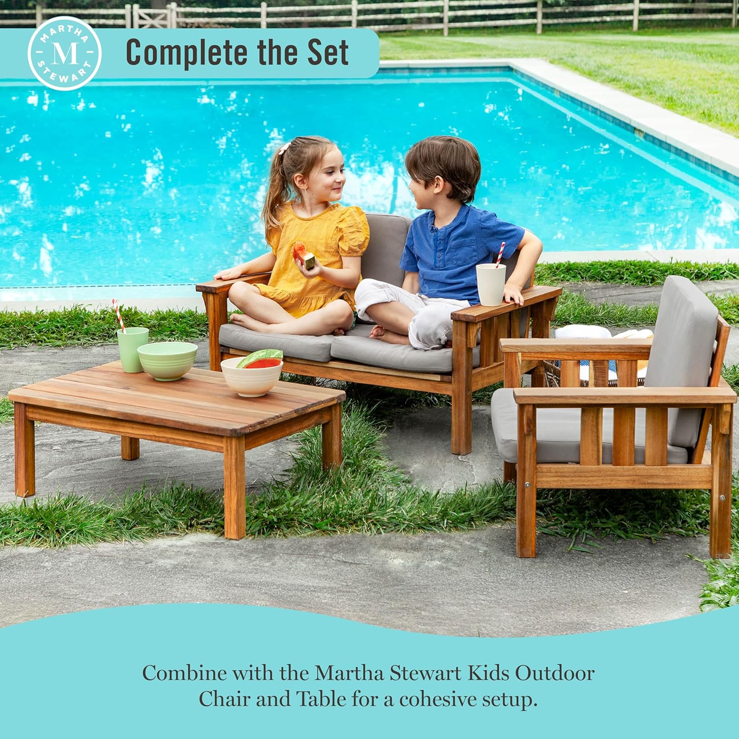 Martha Stewart Kids Outdoor Sofa Chair: Natural Acacia Wood Outdoor Couch for Kids w/Gray Polyester Cushions, 10" Seat Height | Montessori Furniture for Backyard, Patio, Garden, Porch